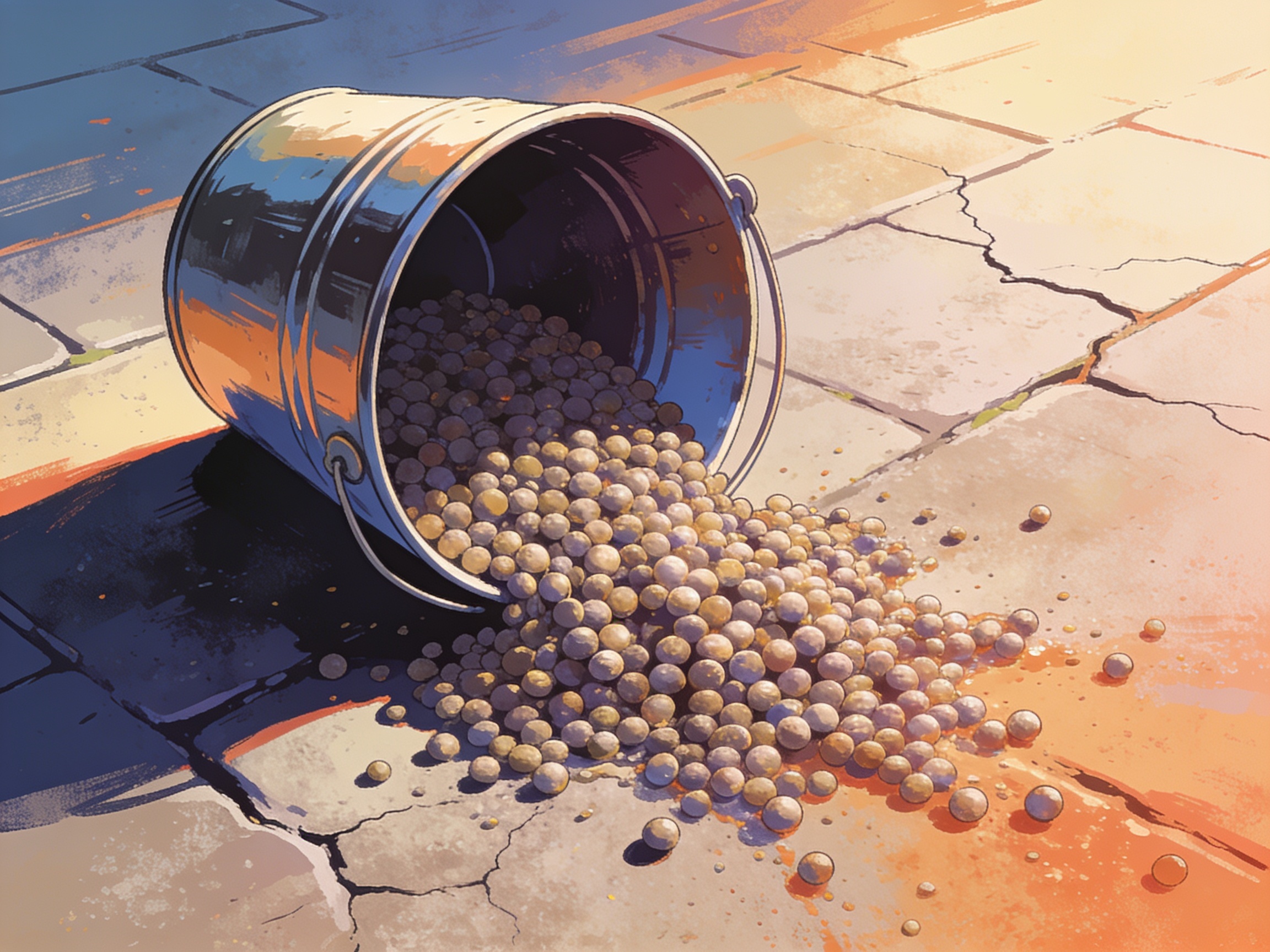 cinematic editorial illustration of an overflowing bucket tipped over spilling contents onto pavement, no text