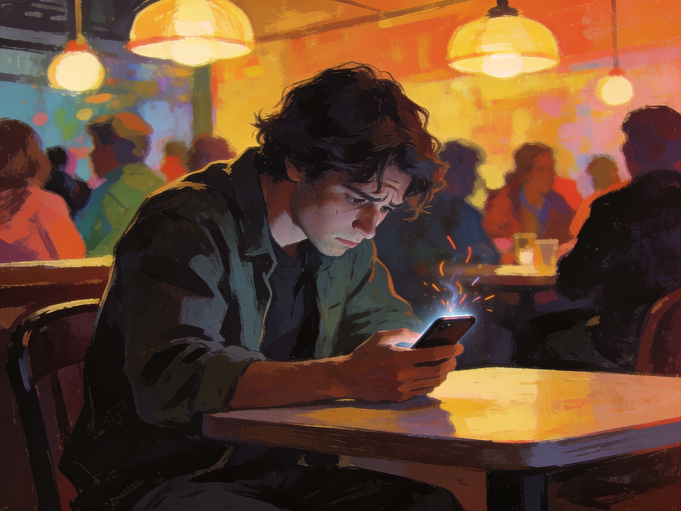 A lonely person looking at their buzzing phone in a crowded cafe, looking disappointed.