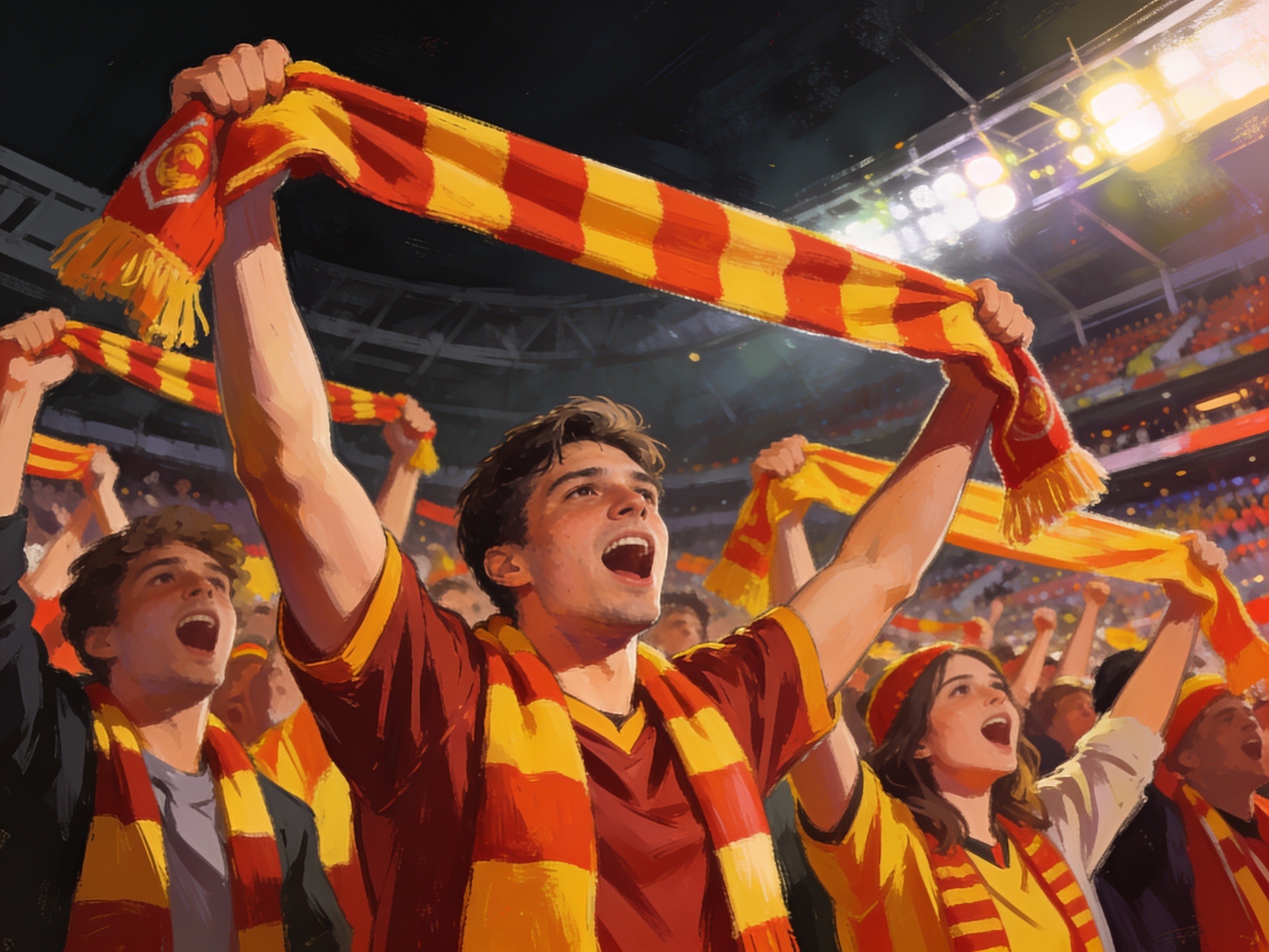 cinematic editorial illustration of fans in team colours cheering with scarves raised at a stadium, no text