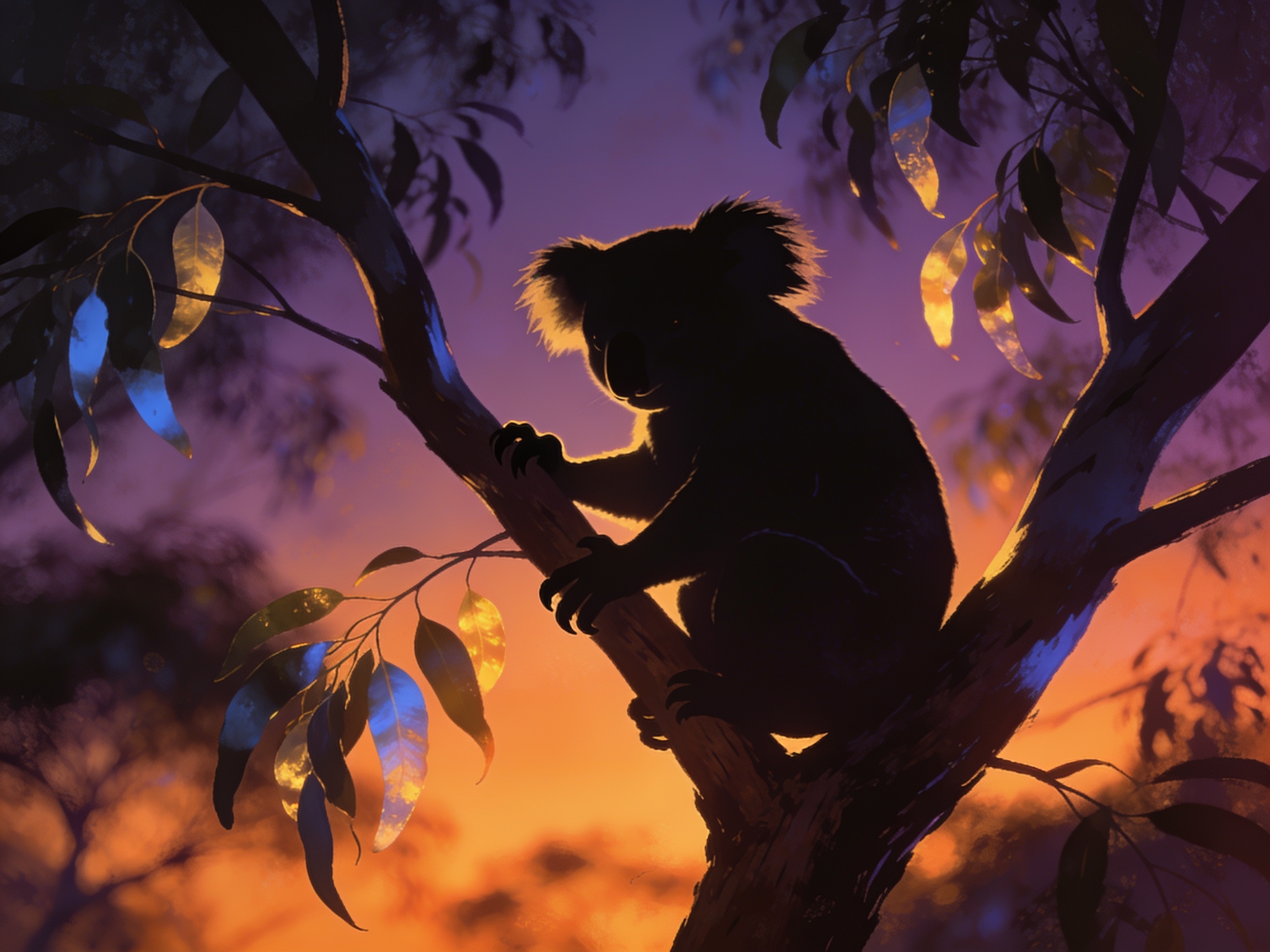 cinematic editorial illustration of a shadowy koala-like silhouette perched ominously in eucalyptus branches at dusk, no text