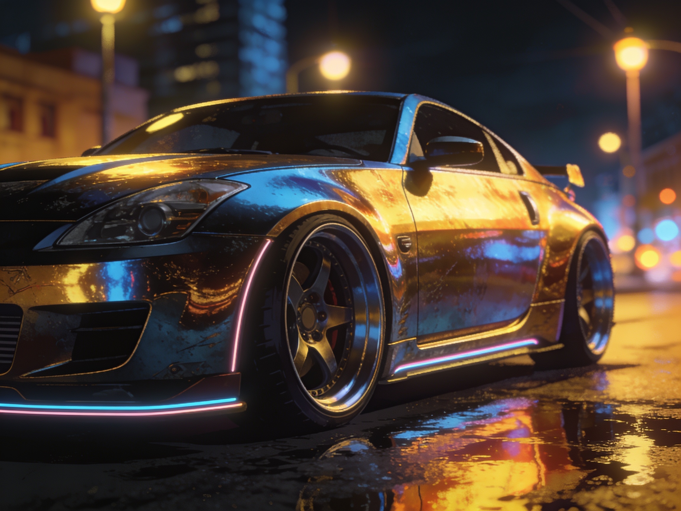 A shiny customized sports car under bright city streetlights, looking impressive.