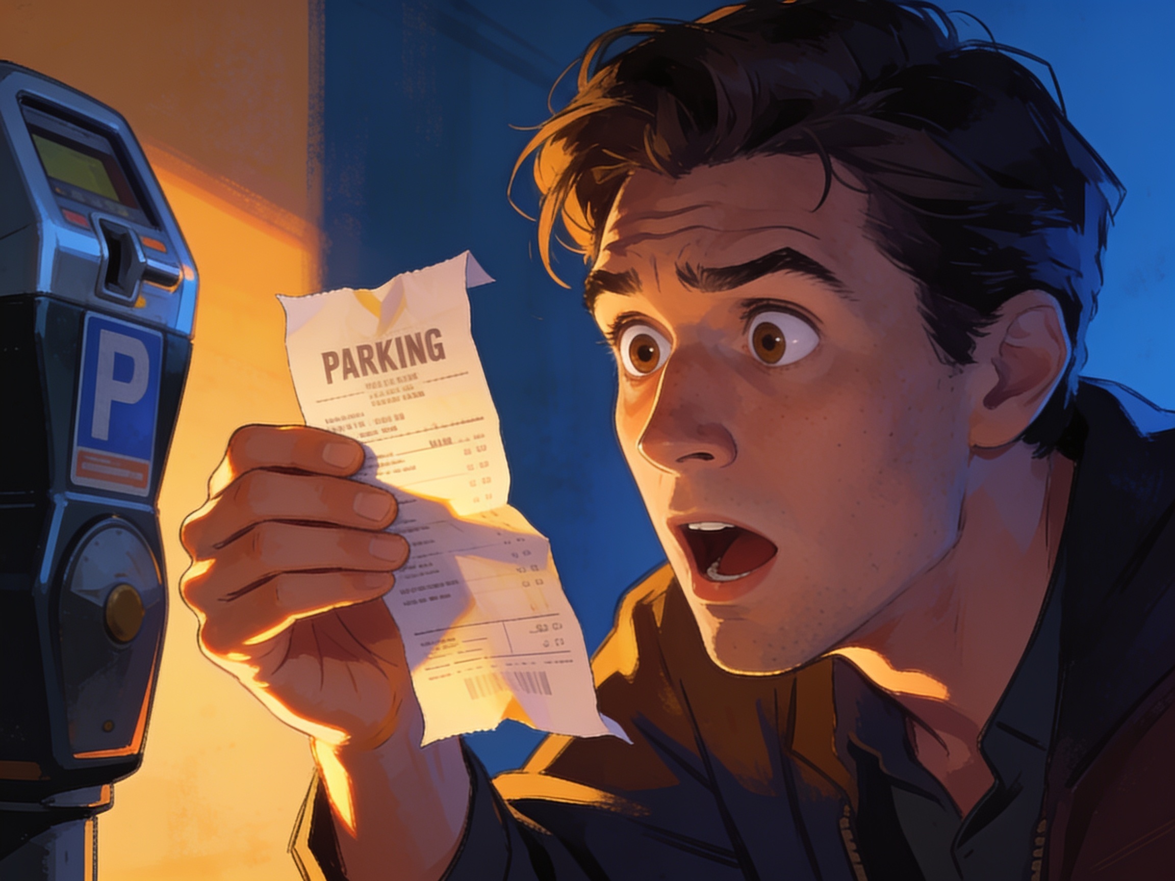 cinematic editorial illustration of a person staring incredulously at a parking meter receipt, no text