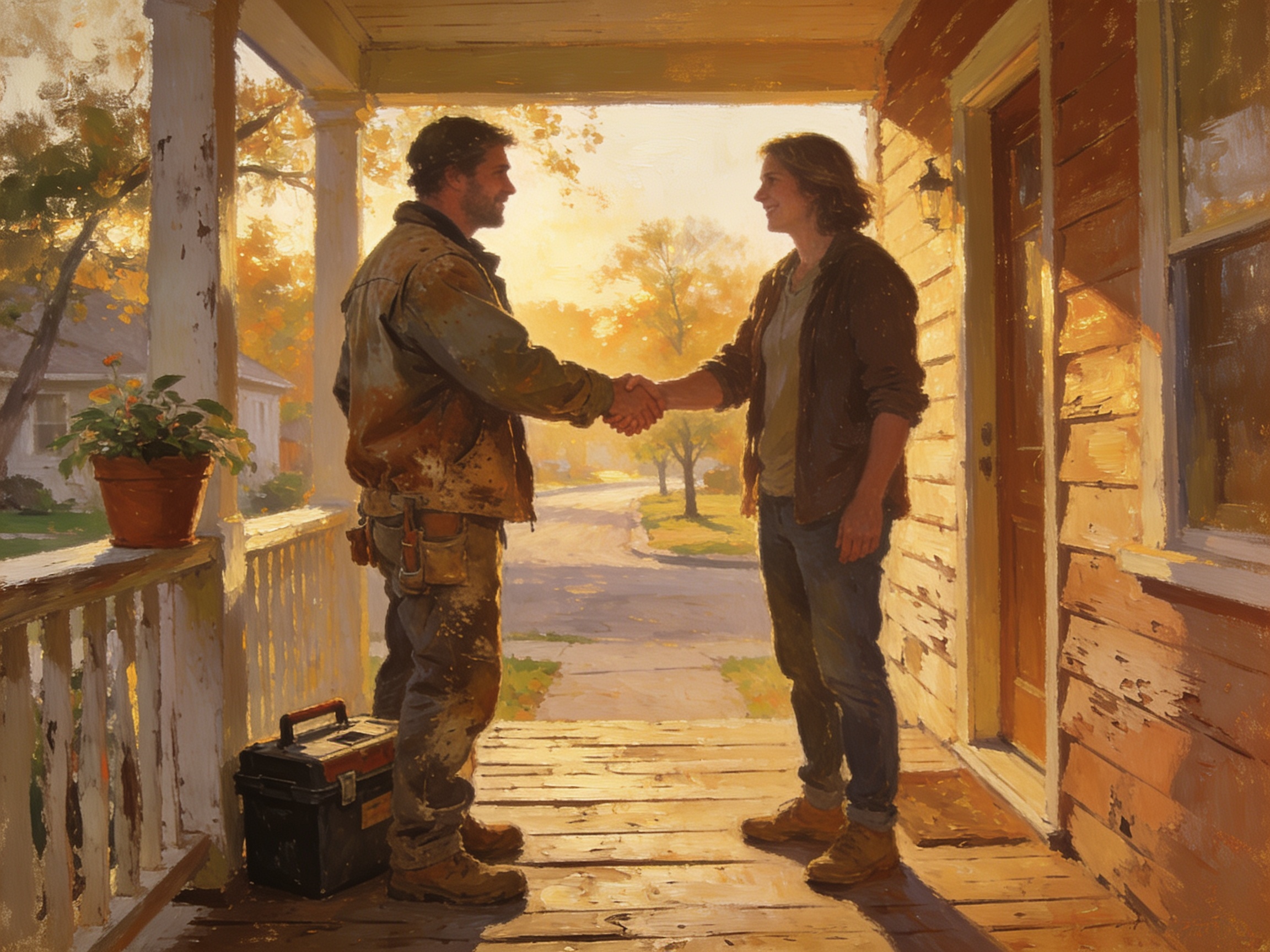 cinematic editorial illustration of a handshake between a tradesperson and homeowner on a front porch, no text