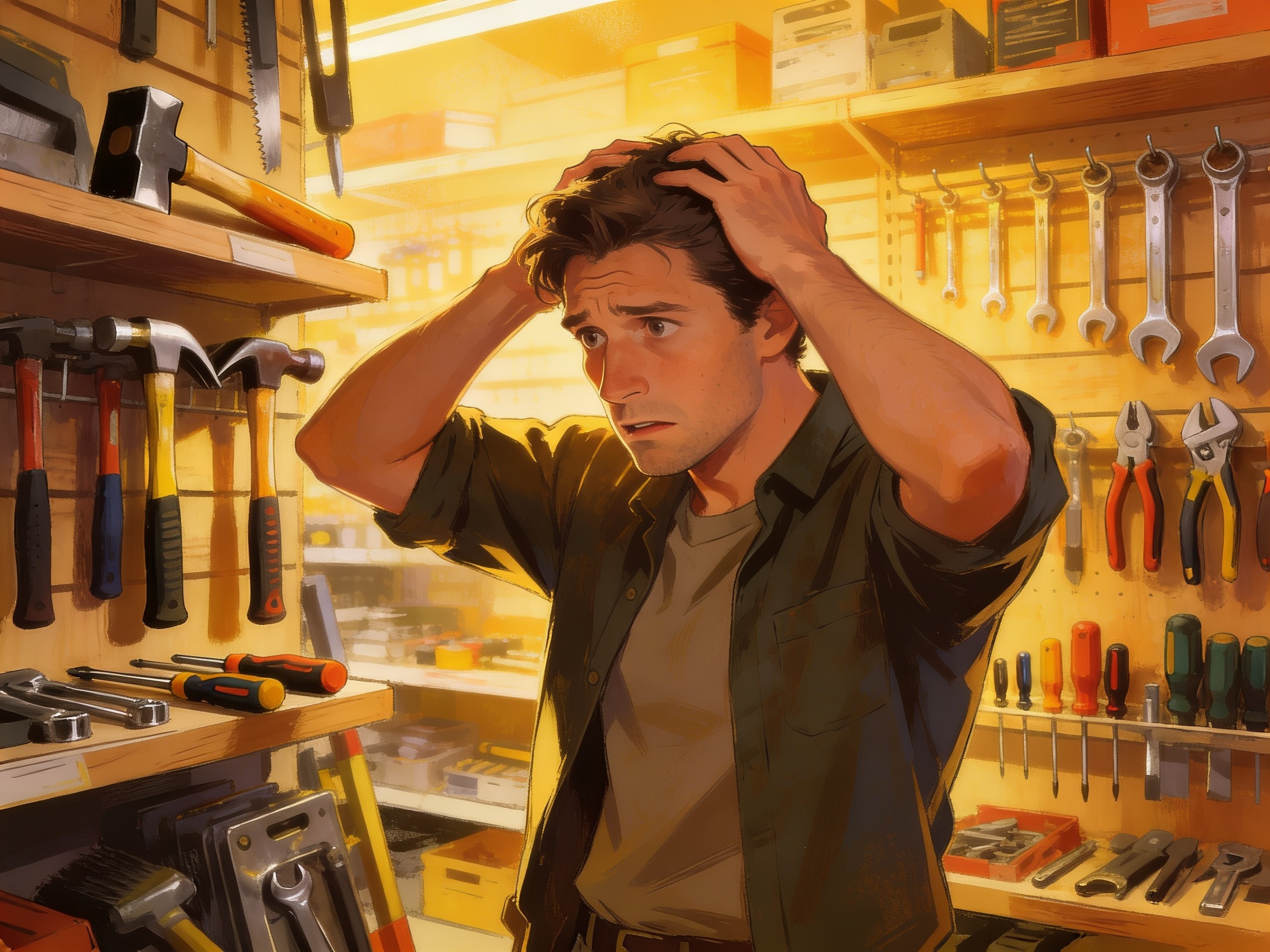 A confused-looking bloke scratching his head at a hardware store