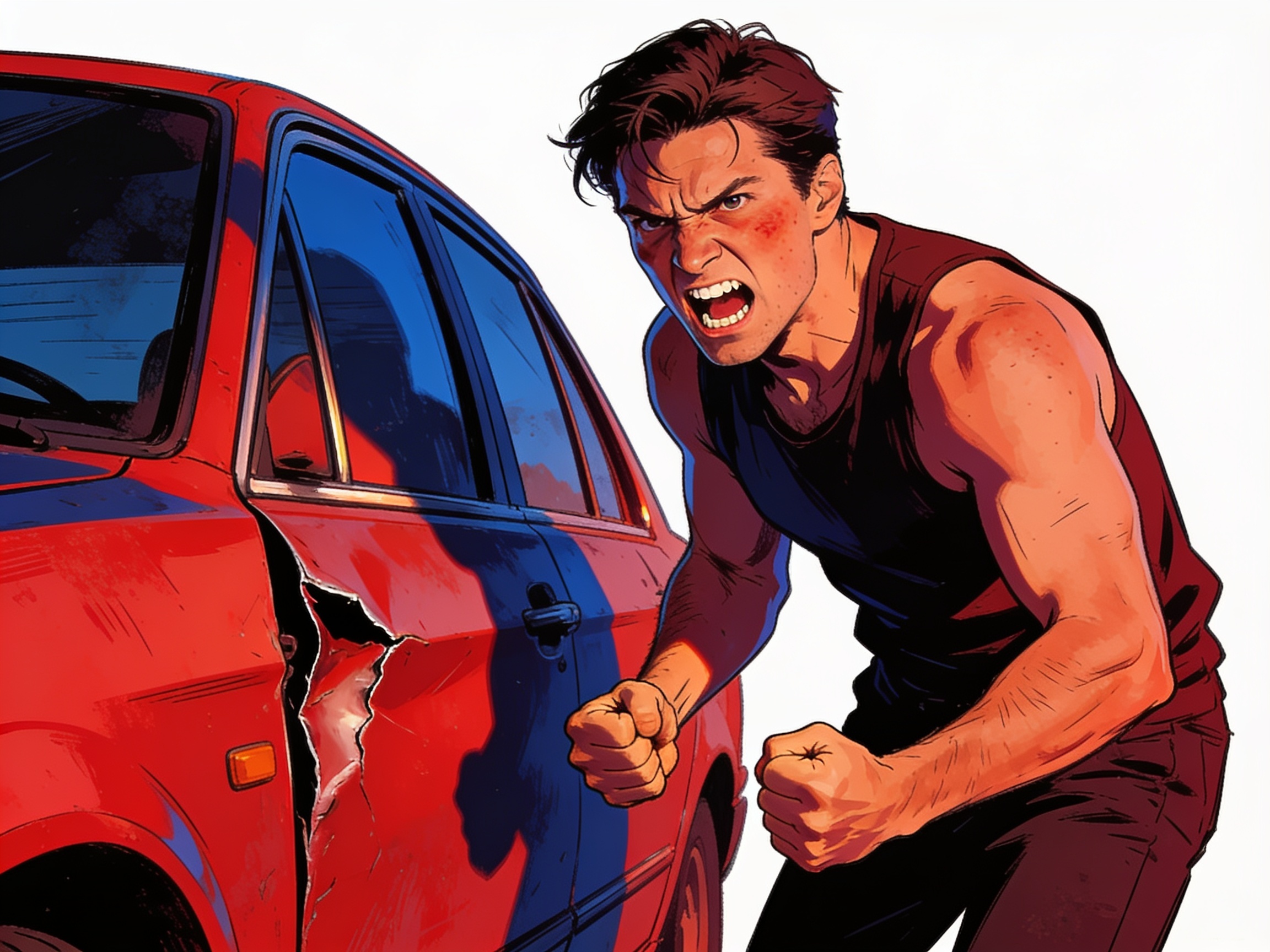 cinematic editorial illustration of a person with a furious expression standing beside a dented car, no text
