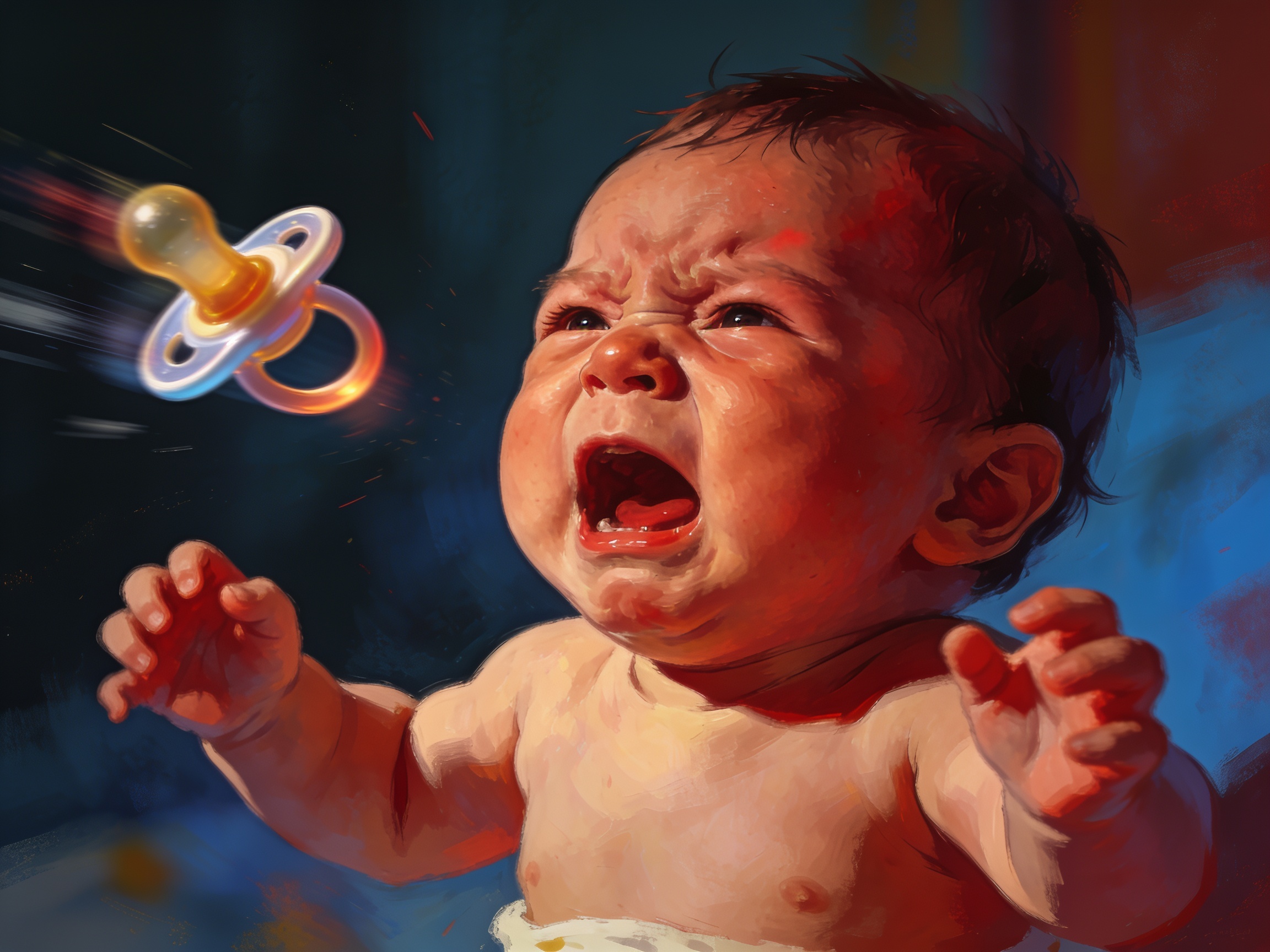 cinematic editorial illustration of a baby's pacifier flying through the air mid-tantrum, dramatic lighting, no text