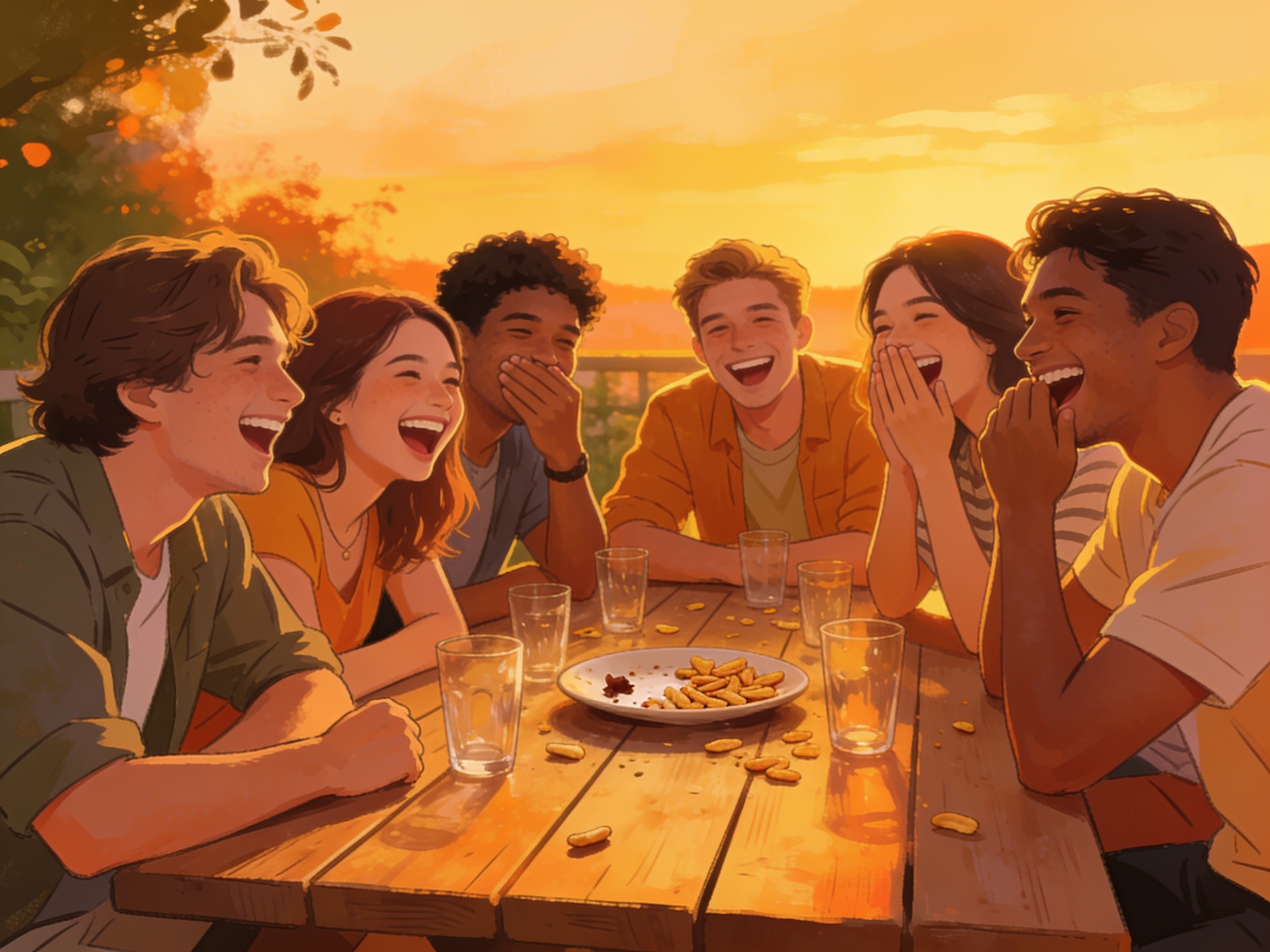 cinematic editorial illustration of a group of friends laughing together at an outdoor table, warm evening light, no text