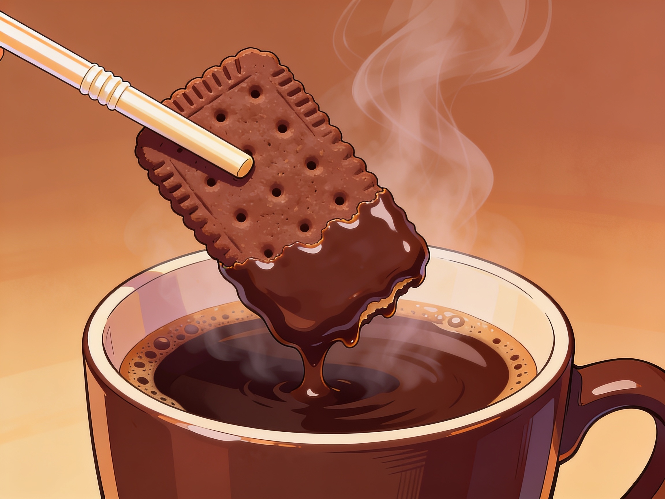 cinematic editorial illustration of a chocolate biscuit used as a straw over a steaming coffee mug, close-up, no text
