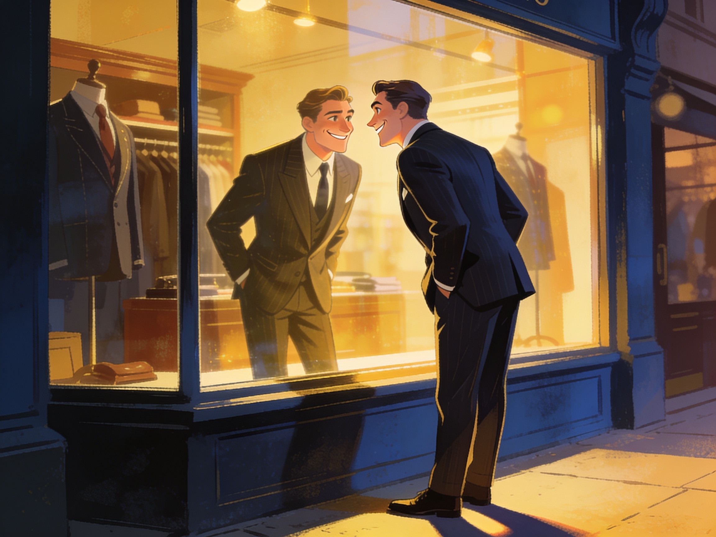 cinematic editorial illustration of a person admiring themselves in a shop window reflection, self-satisfied expression, no text