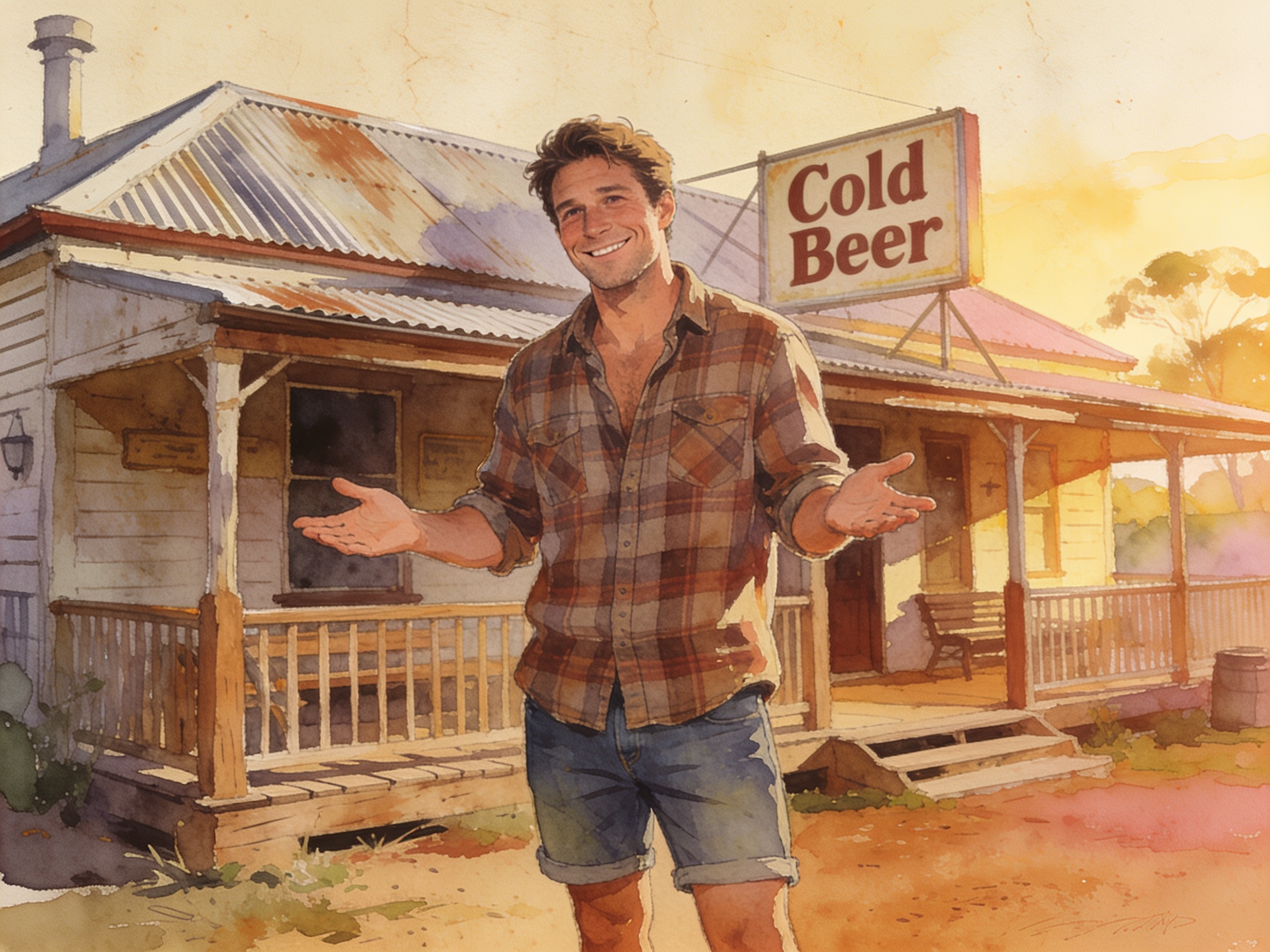 An Aussie shrugging with a friendly smile outside a country pub
