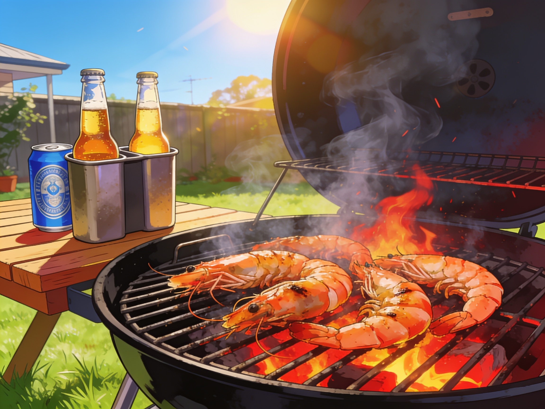 A sunny Aussie backyard barbecue with prawns sizzling on the grill and beers