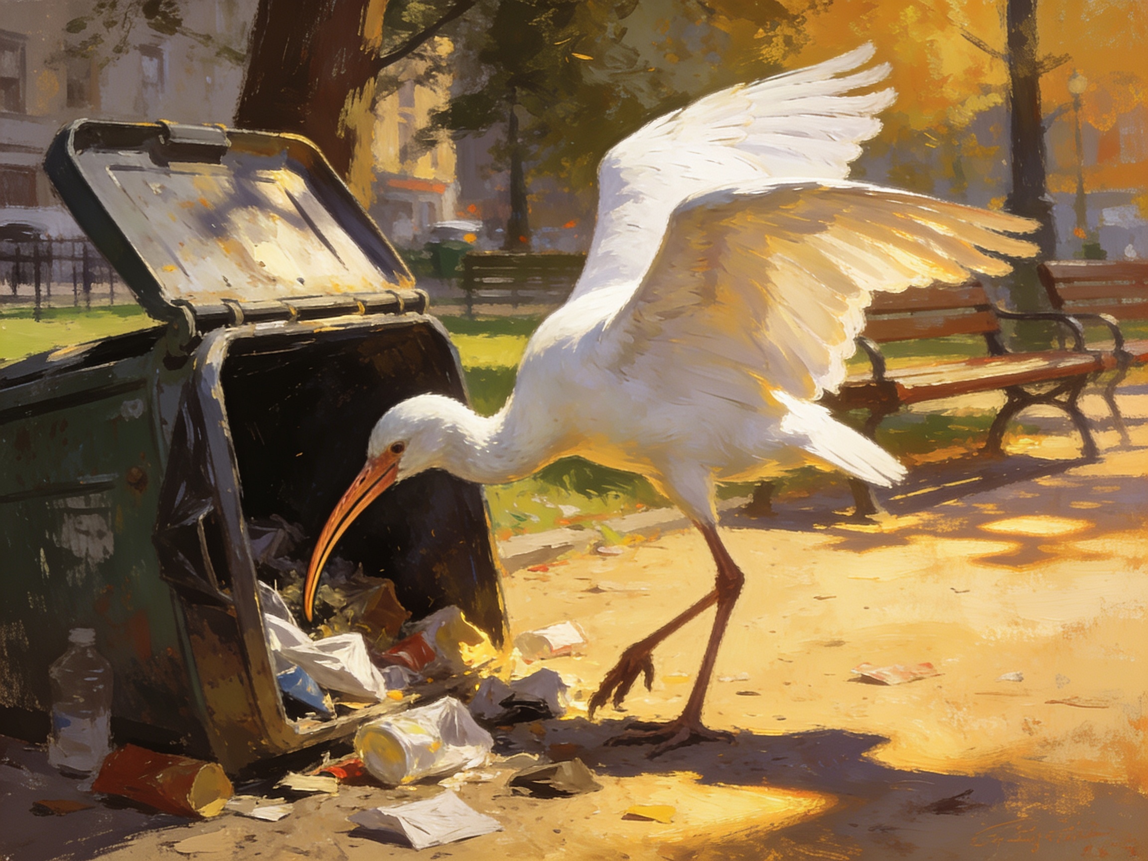 cinematic editorial illustration of a large white ibis rummaging through an open park bin, gritty urban daylight, no text