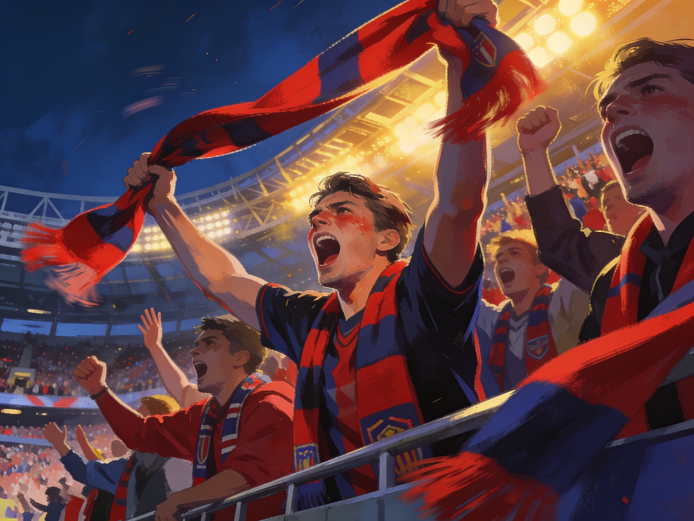 cinematic editorial illustration of fans in team scarves roaring from stadium bleachers under stadium lights, no text