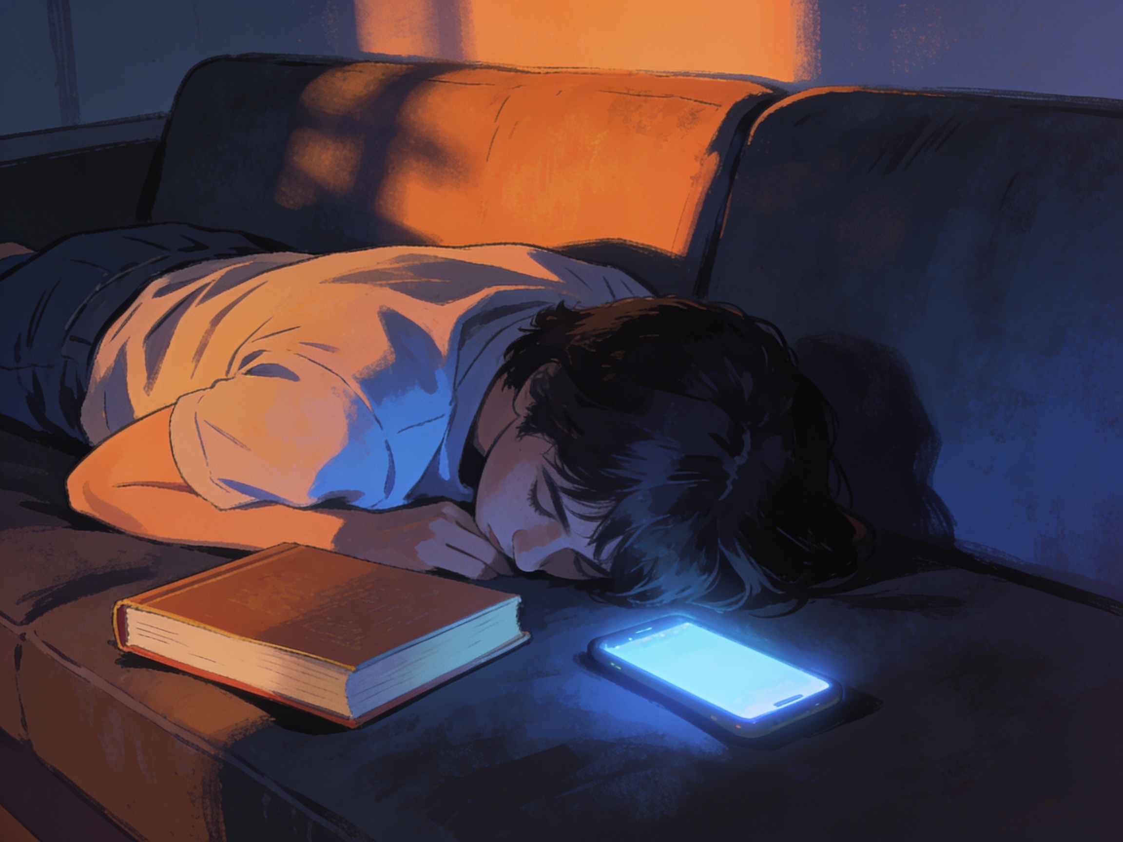 cinematic editorial illustration of a person face-down on a couch next to an unopened textbook and a glowing phone, moody indoor light, no text