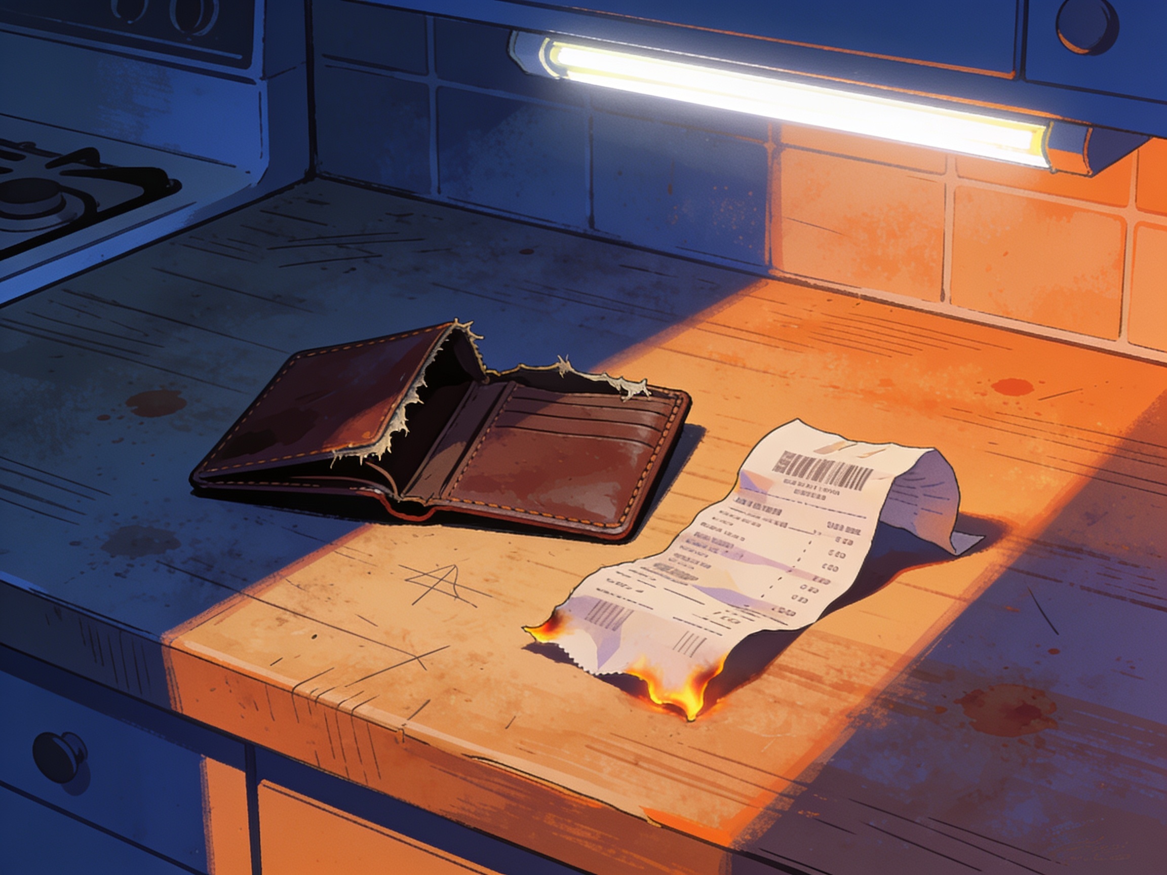 cinematic editorial illustration of an empty wallet and a supermarket receipt curling on a kitchen counter under harsh fluorescent light, no text