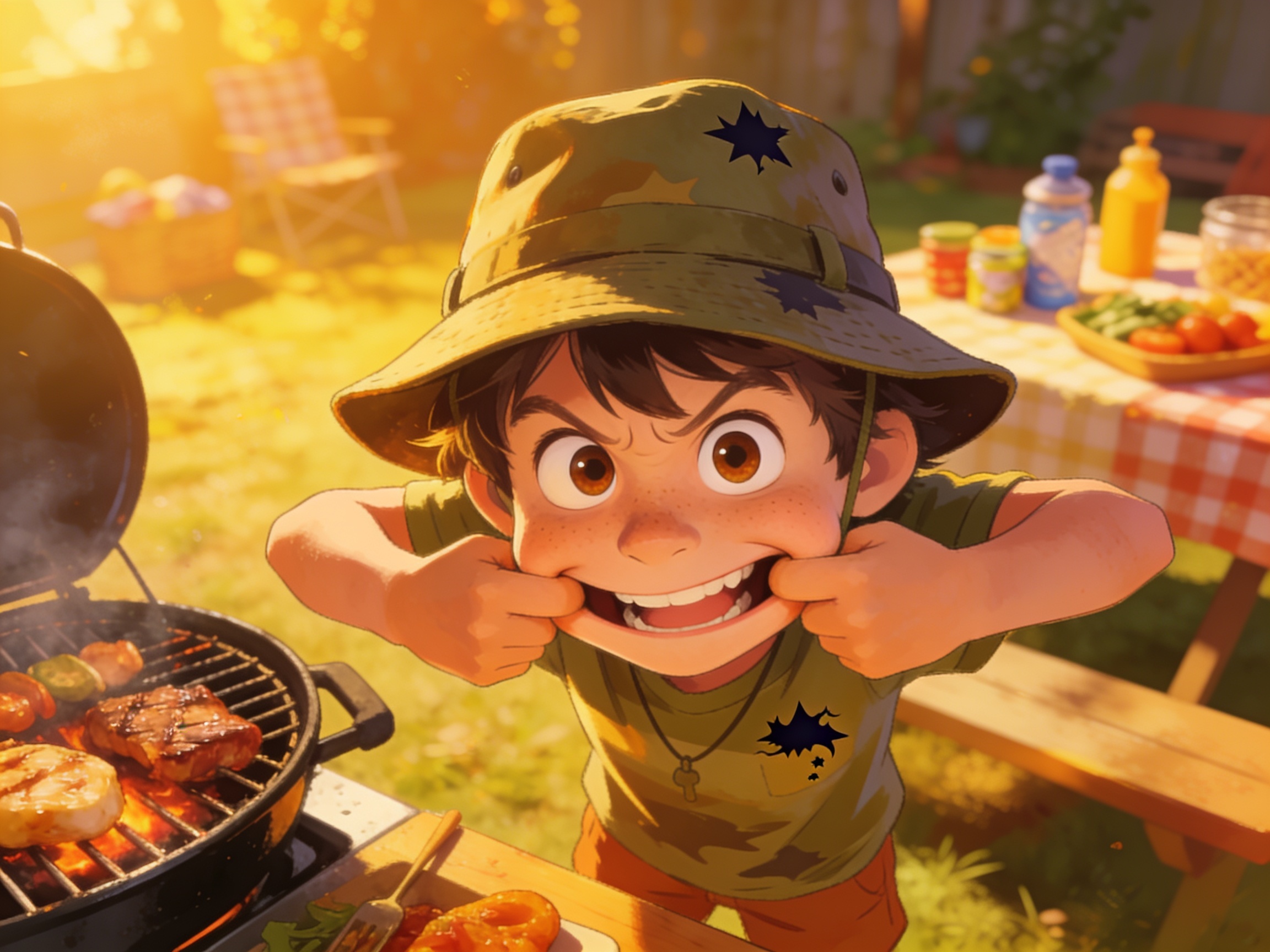 A goofy Aussie kid in a bucket hat pulling a silly face at a barbecue