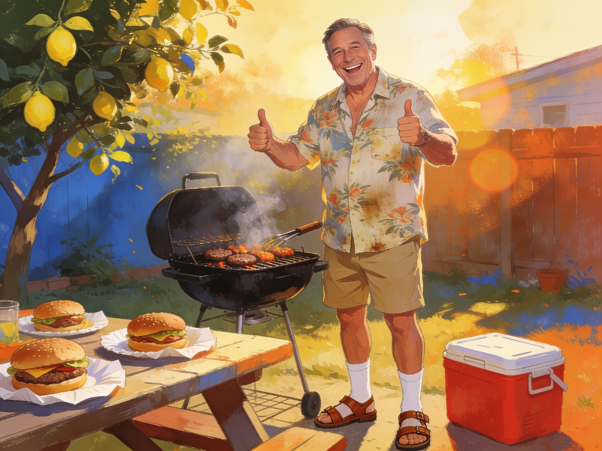 A dad in socks with sandals doing a thumbs up at a family barbecue