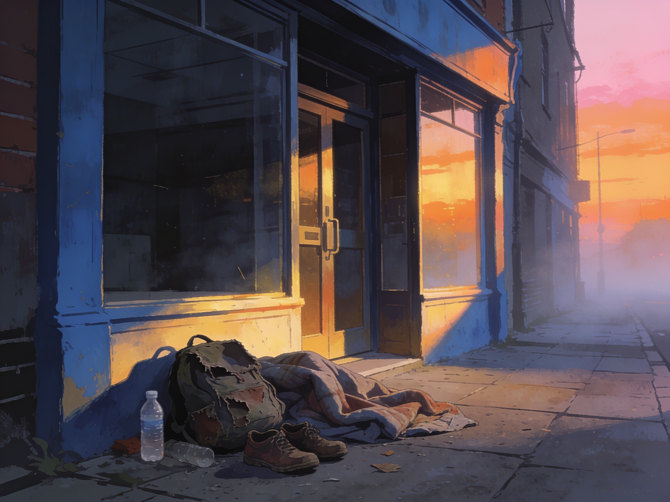 cinematic editorial illustration of an empty shop doorway with a blanket and belongings at dawn on a quiet street, no text