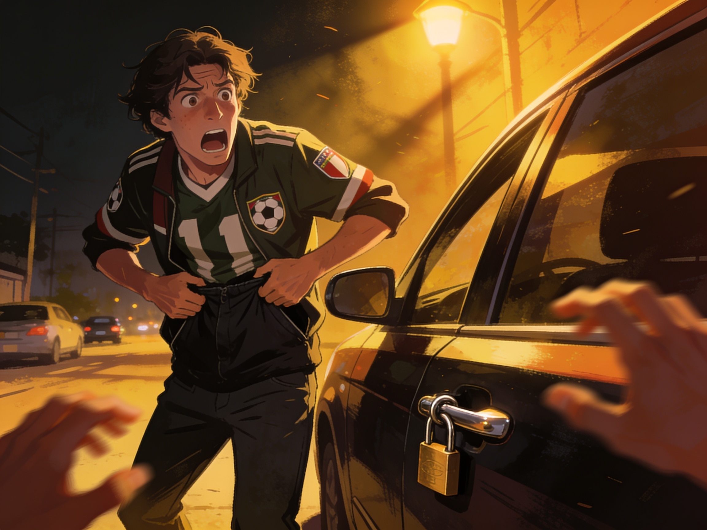 cinematic editorial illustration of a person patting their pockets frantically outside a locked car, no text