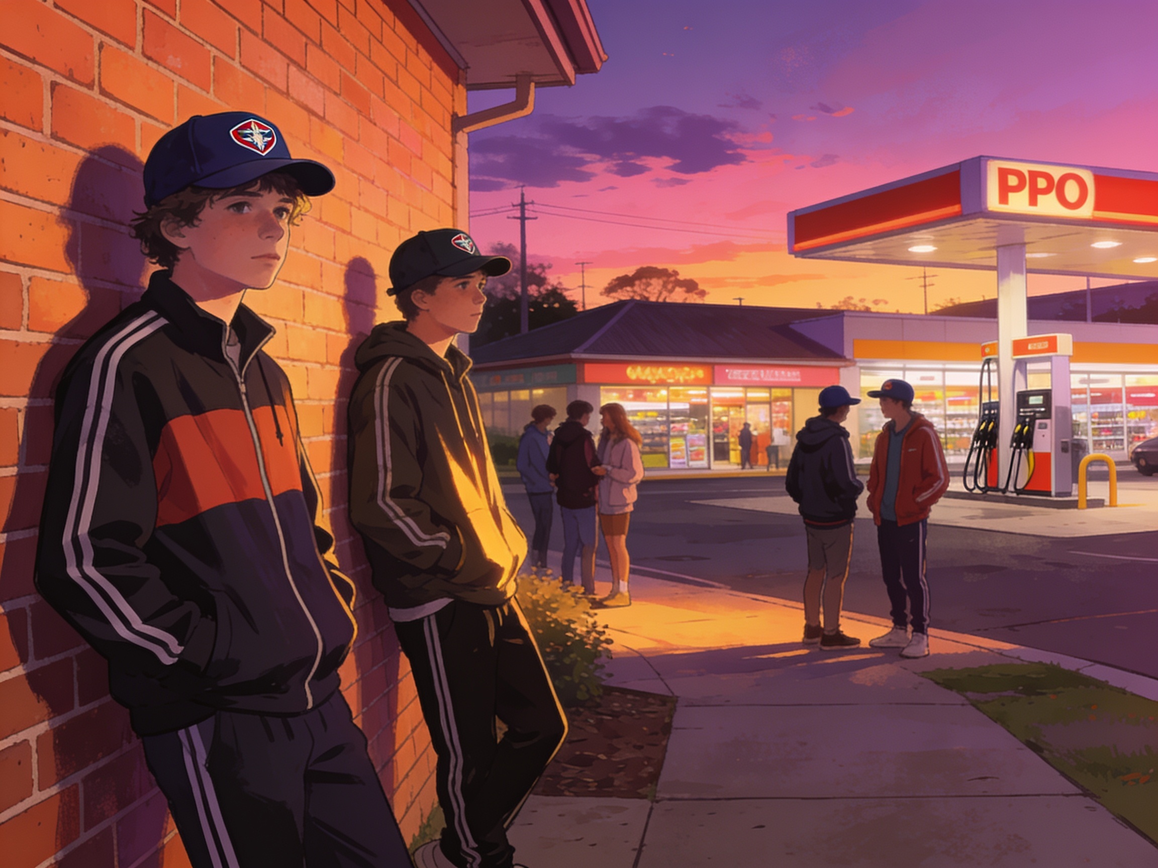 cinematic editorial illustration of teenagers in tracksuits and caps lingering outside a suburban shopping strip at dusk, no text