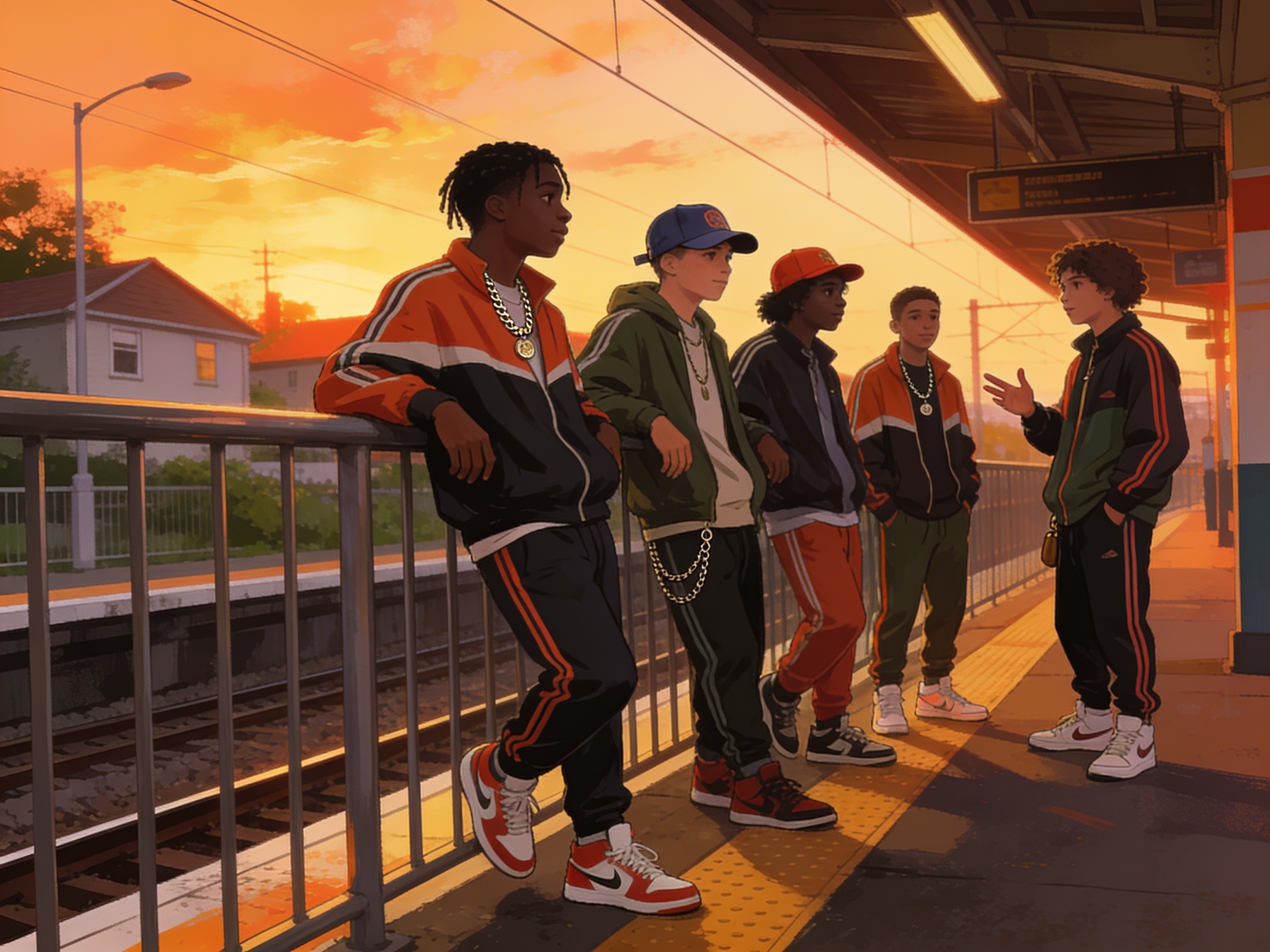 A group of teenagers in matching tracksuits and sneakers standing near a suburban train station platform.