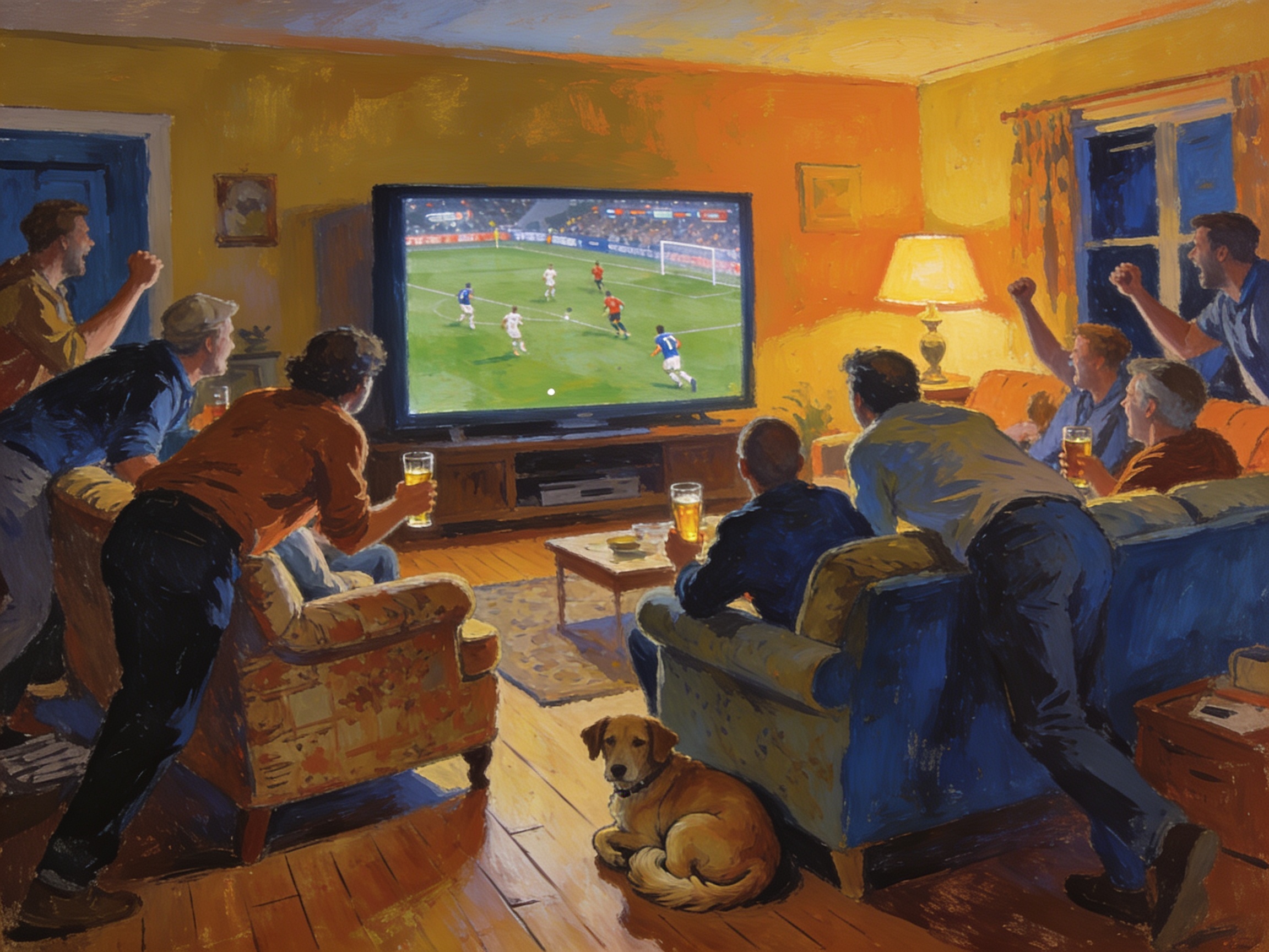 cinematic editorial illustration of a crowded suburban lounge room watching a football match on TV, no text