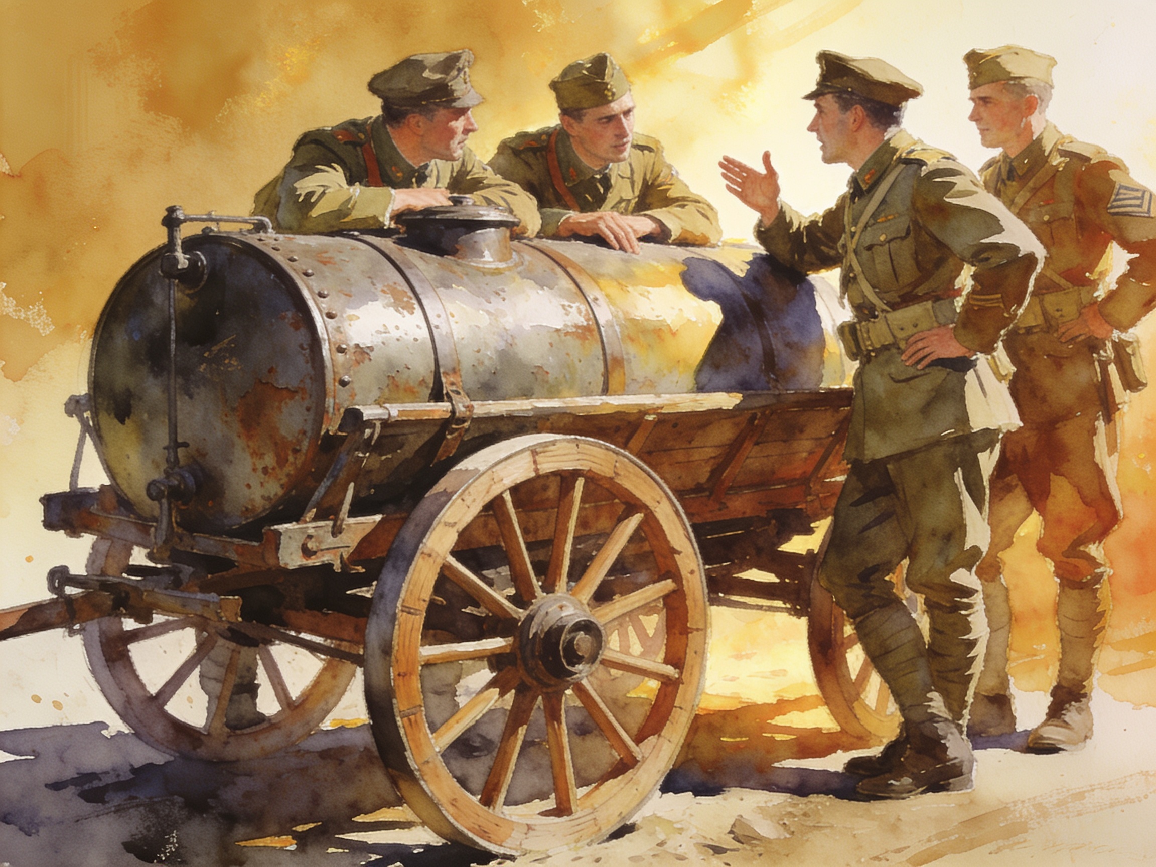 An old WWI water cart with soldiers gossiping around it