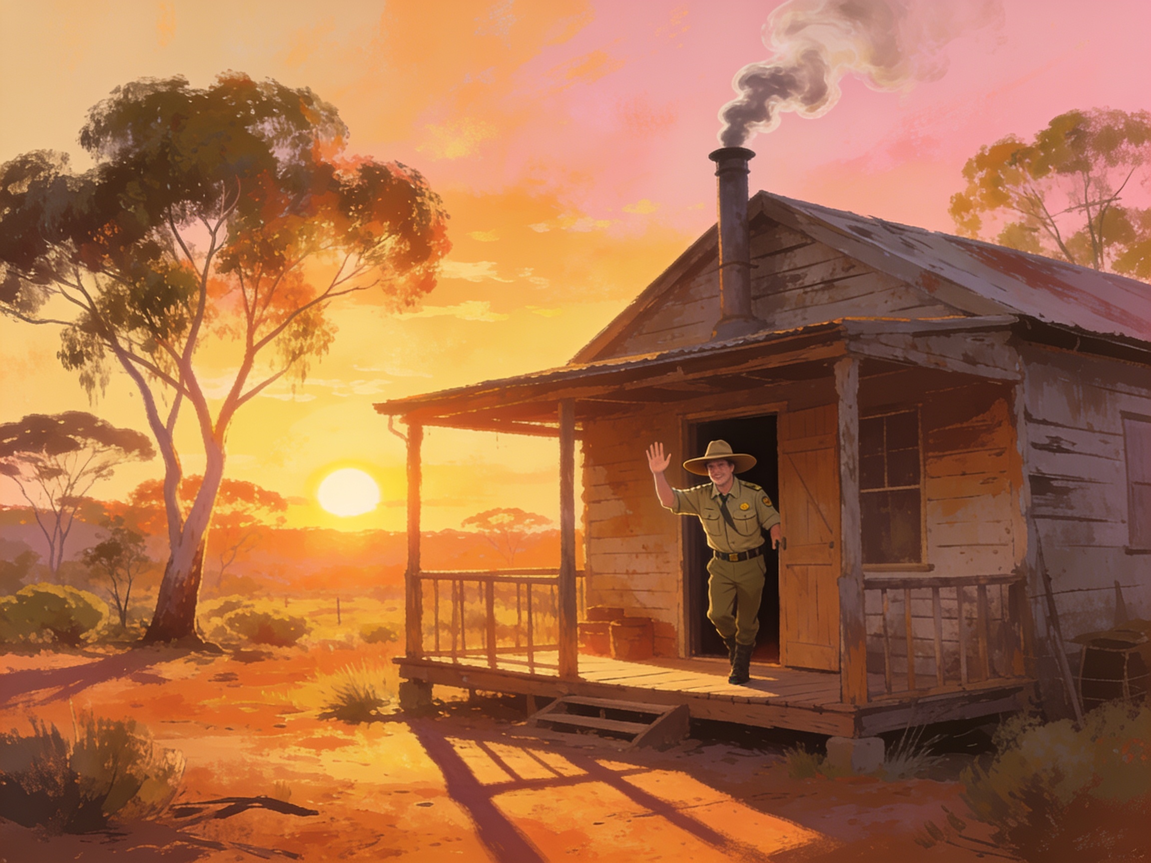 An Aussie ranger waving from the doorway of a bush cabin at sunrise