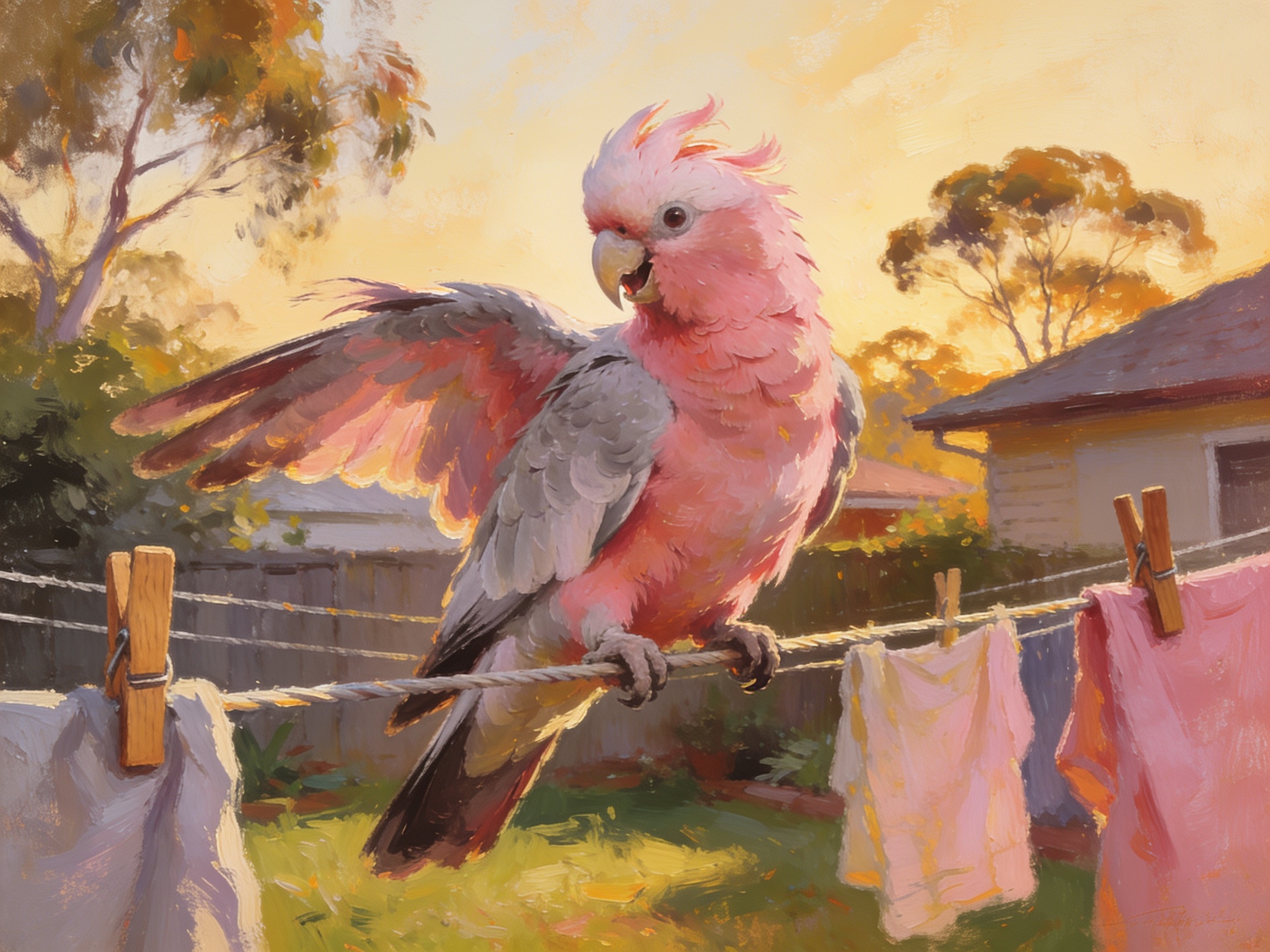 A pink and grey galah cockatoo perched on an Aussie clothesline