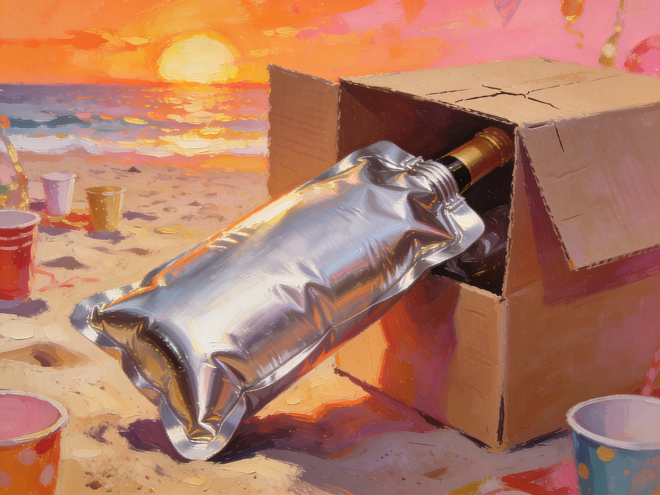 A silver wine bladder being pulled from a cardboard box at a beach party