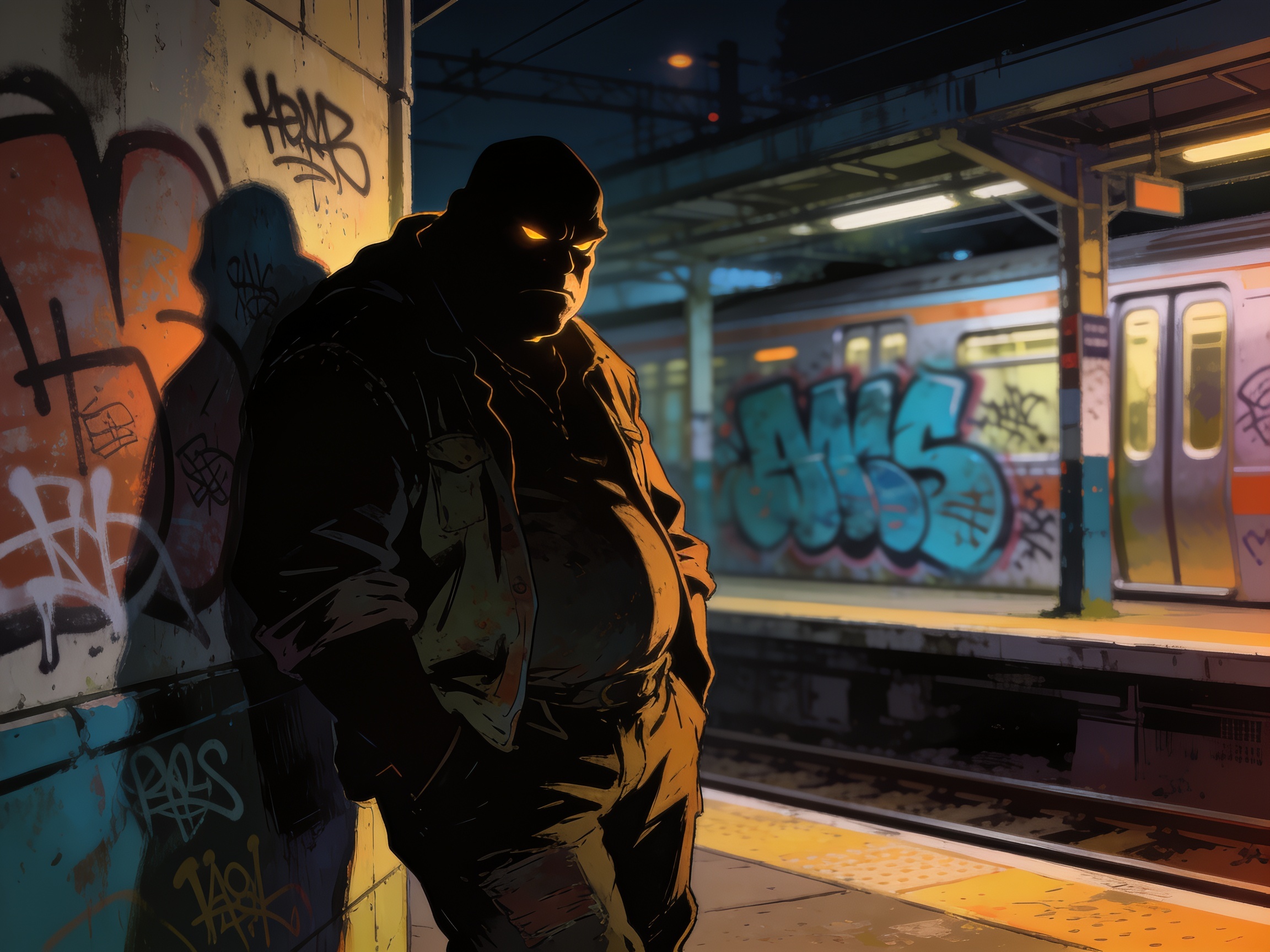 cinematic editorial illustration of a shadowy figure slouching against a train station wall at night, graffiti out of focus behind, no text