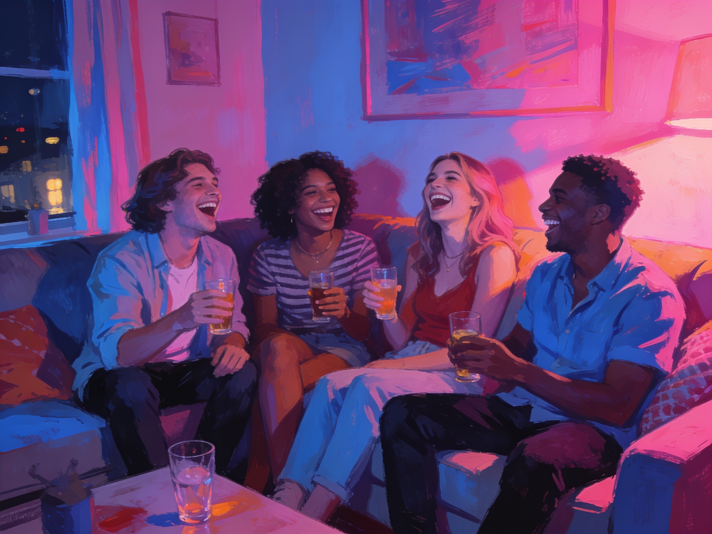 A living room at 3am with soft neon lighting, a group of friends laughing on a couch with drinks, casual and cozy atmosphere.