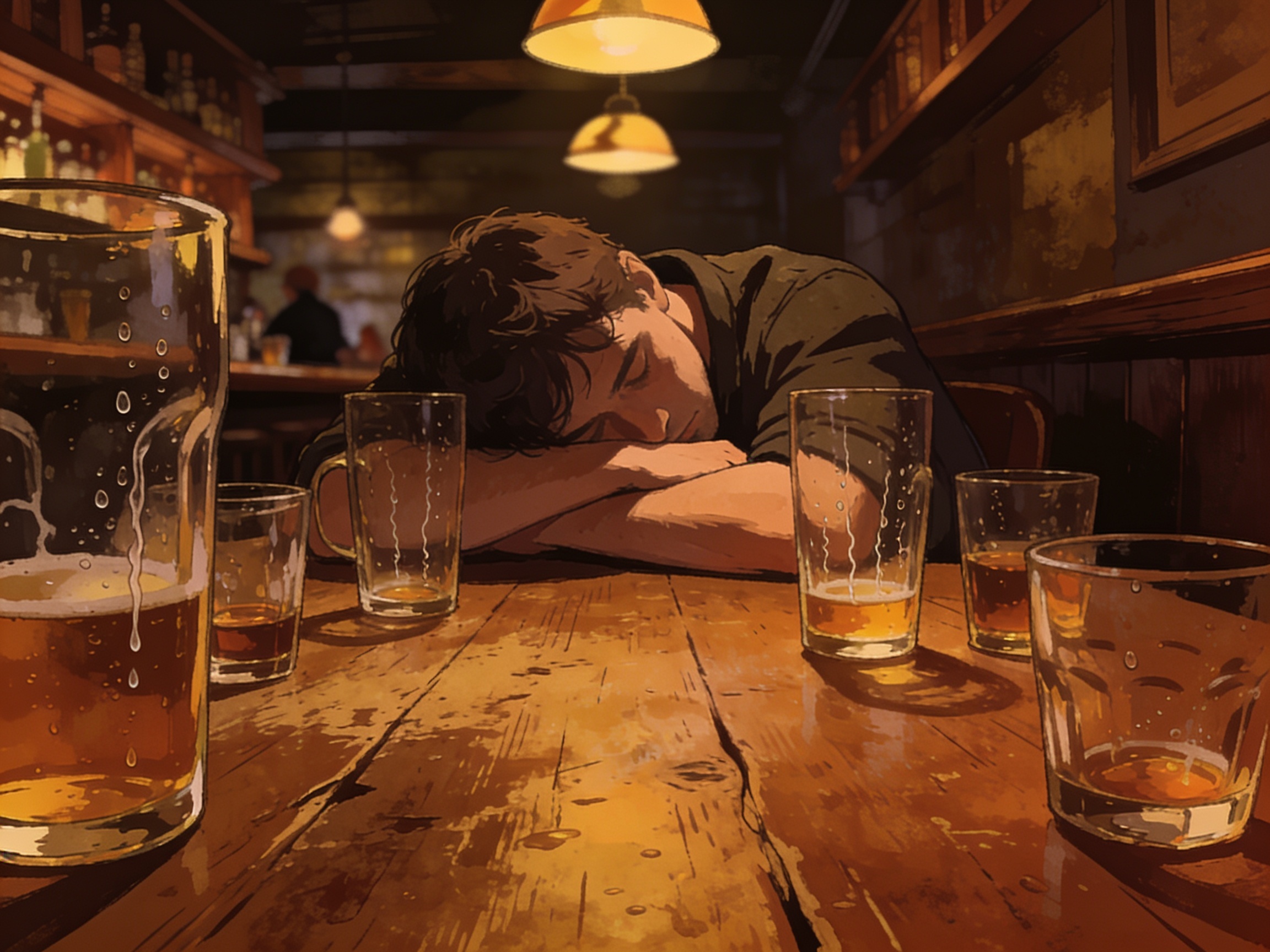 cinematic editorial illustration of a person slumped at a pub table surrounded by empty glasses, dim amber light, no text