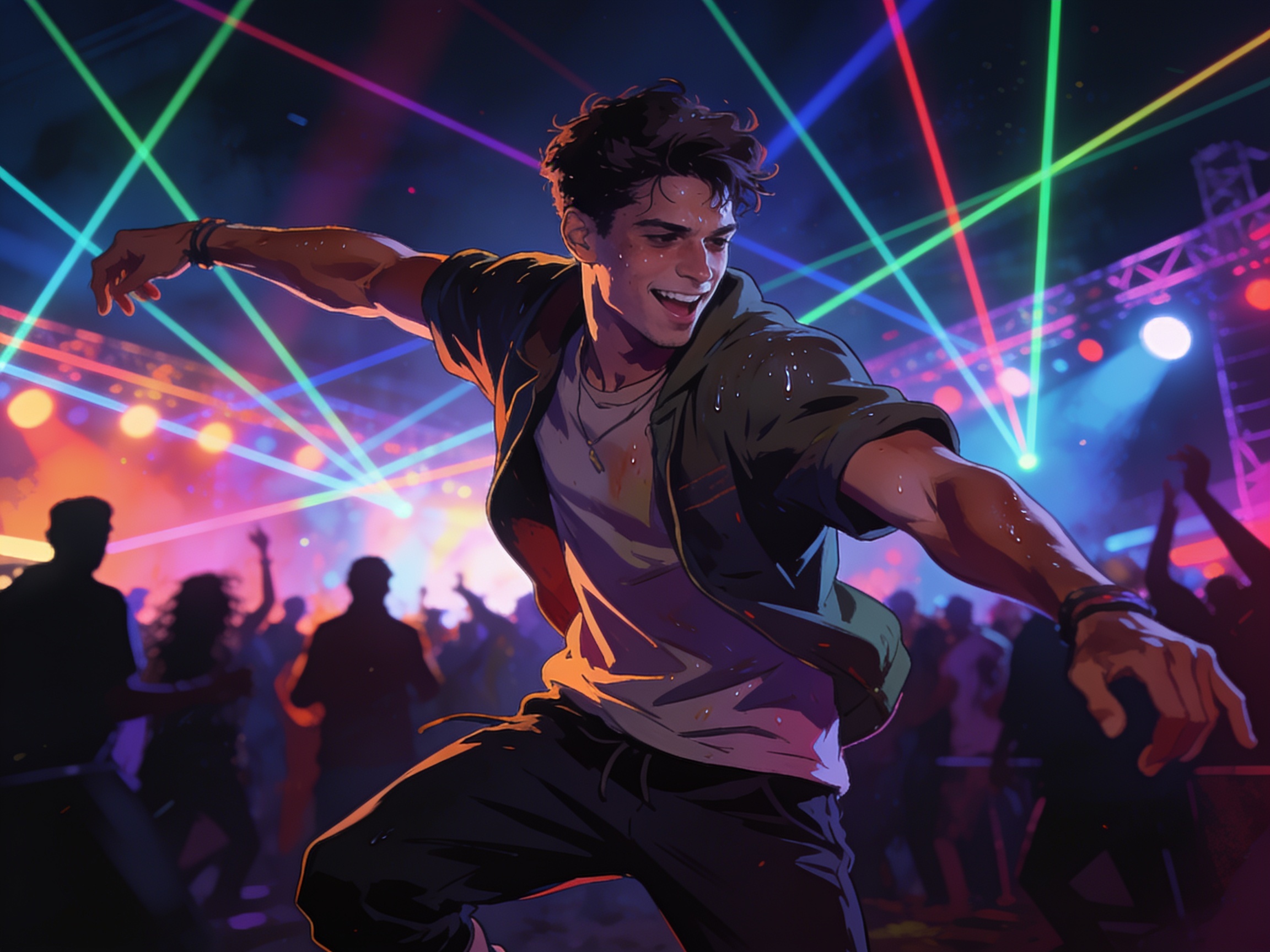 A young man with defined arm movements dancing energetically at a music festival under laser lights.