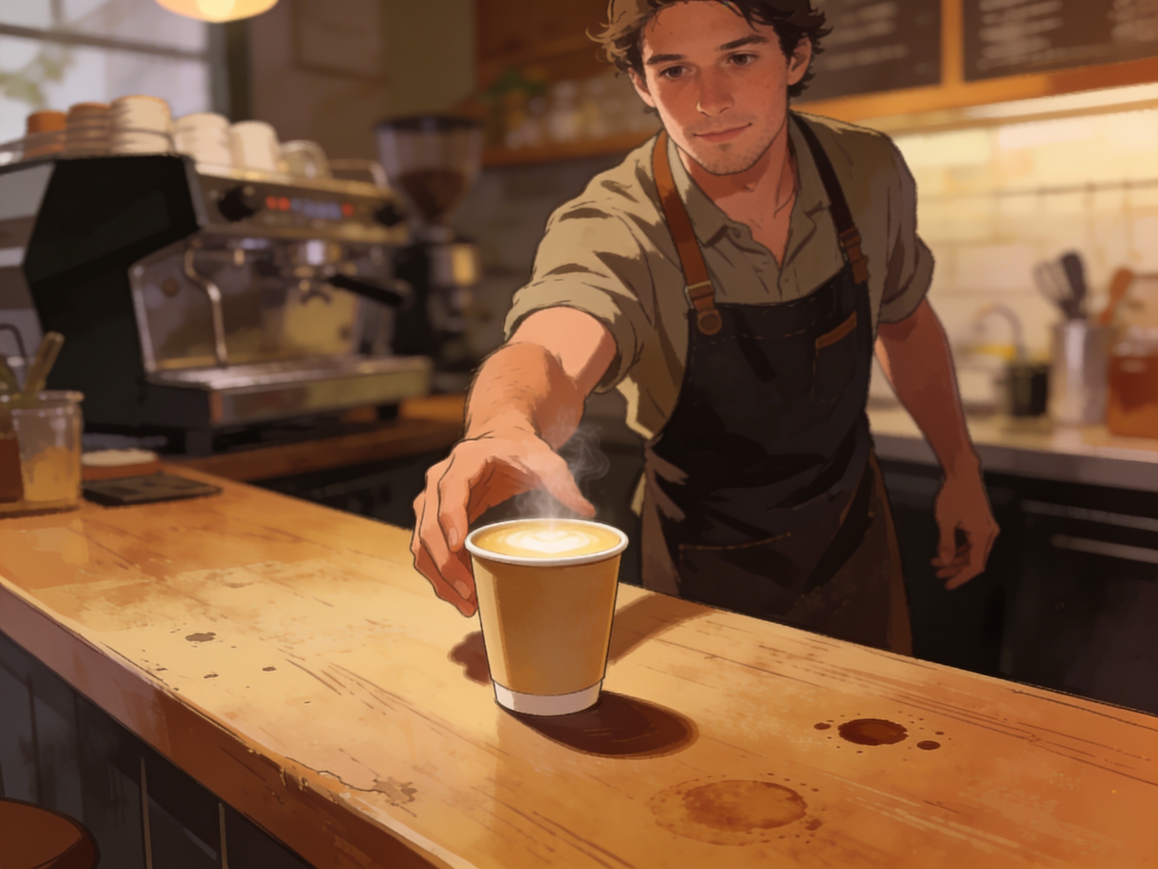An Aussie barista sliding a takeaway flat white across the counter