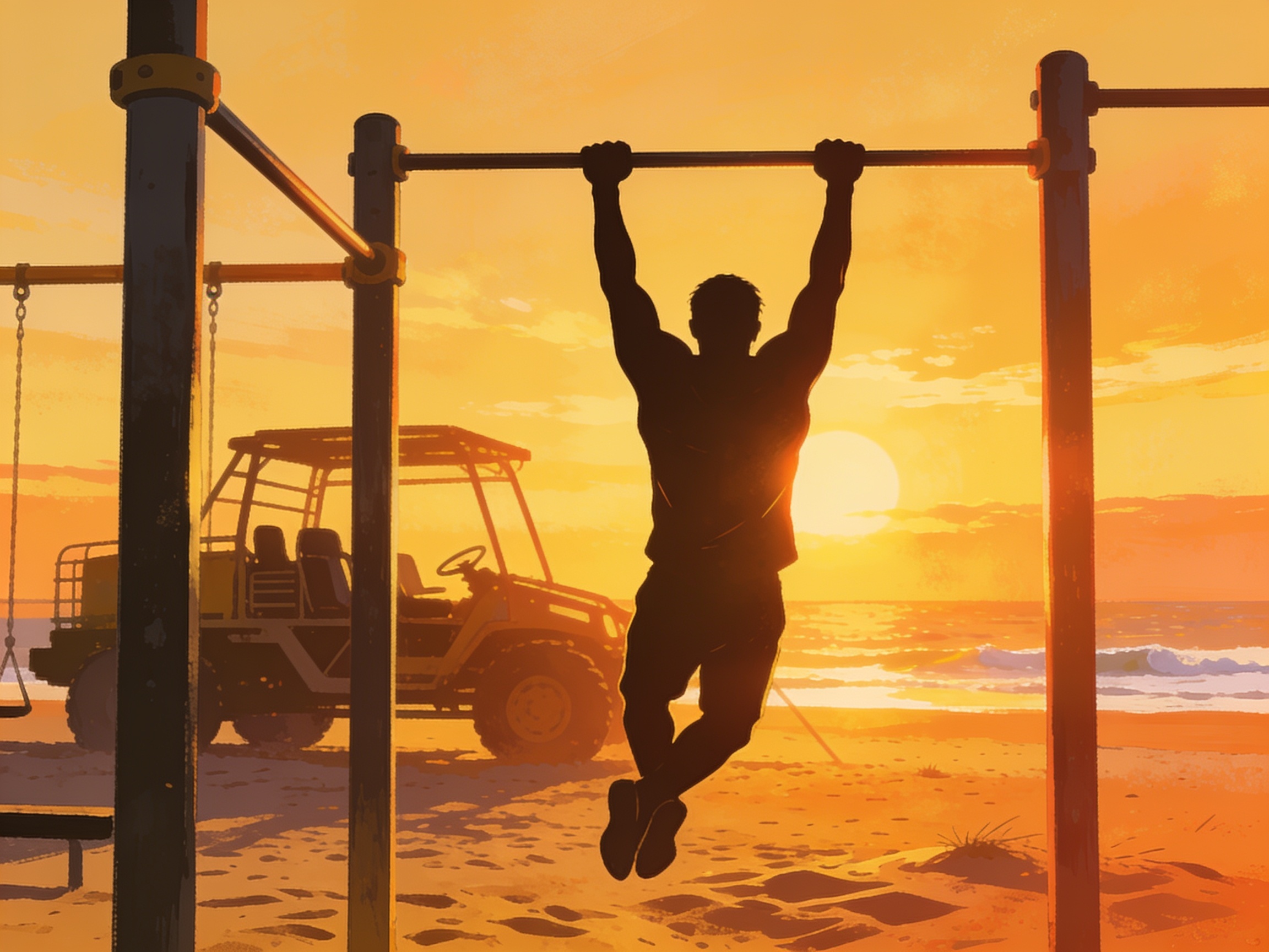cinematic editorial illustration of a figure silhouetted doing pull-ups at an outdoor beach gym at sunrise, no text