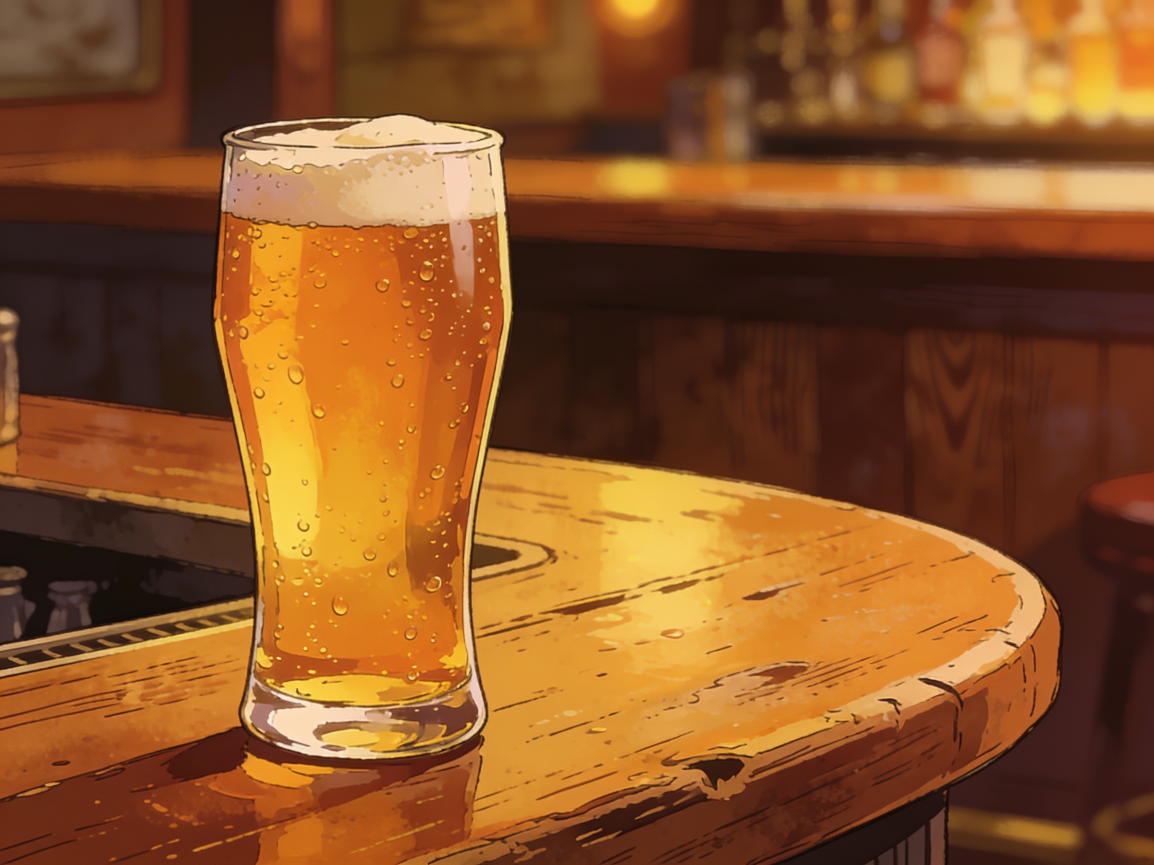 cinematic editorial illustration of a full beer glass sitting on a wooden pub bar, condensation on the glass, no text