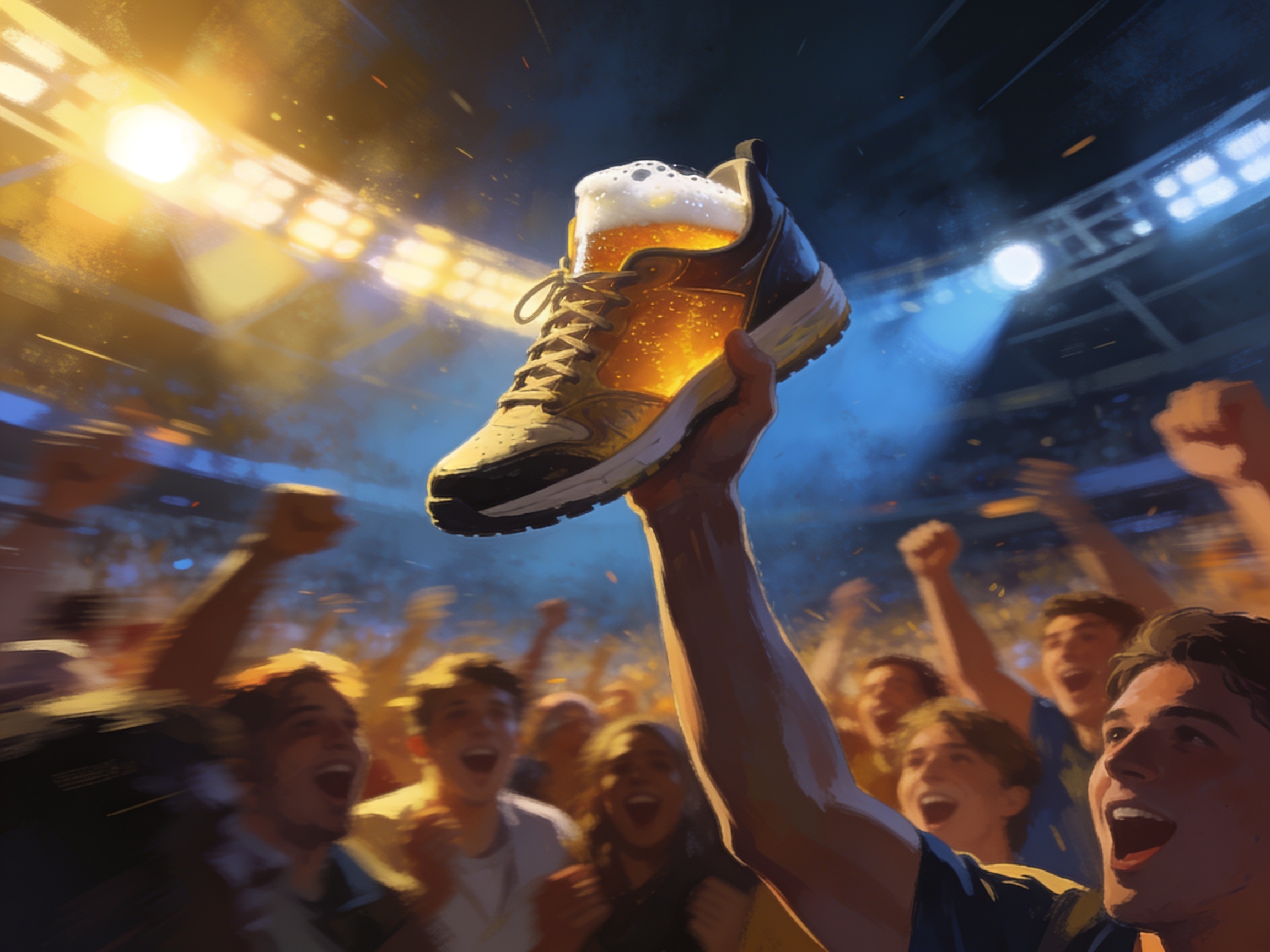 cinematic editorial illustration of a crowd cheering around someone lifting a sneaker filled with drink under stadium floodlights, no text