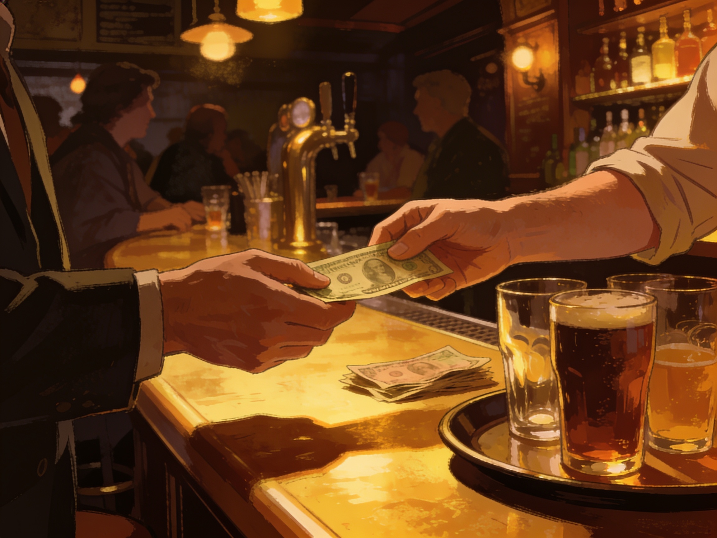 cinematic editorial illustration of a person handing over cash at a busy pub bar with a tray of drinks, warm light, no text