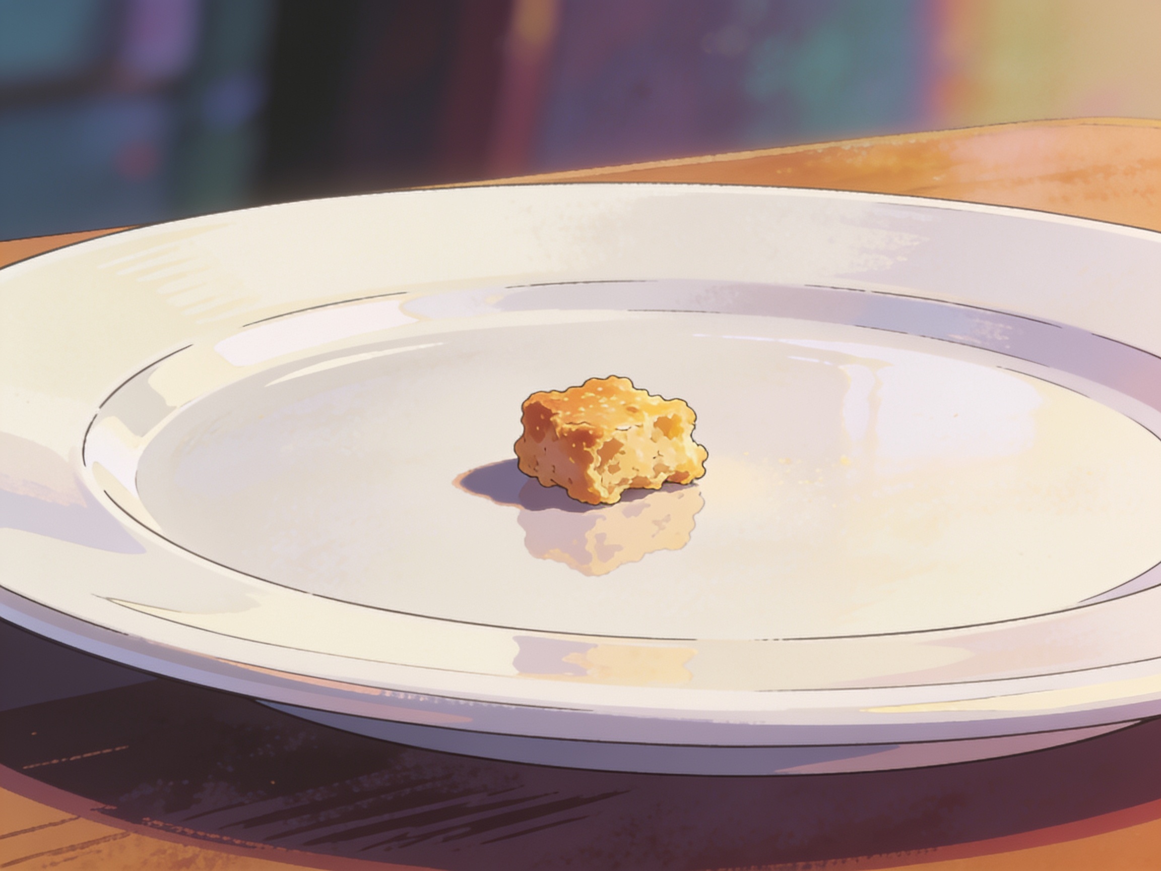 cinematic editorial illustration of a single crumb left on an otherwise empty plate, close-up, soft light, no text