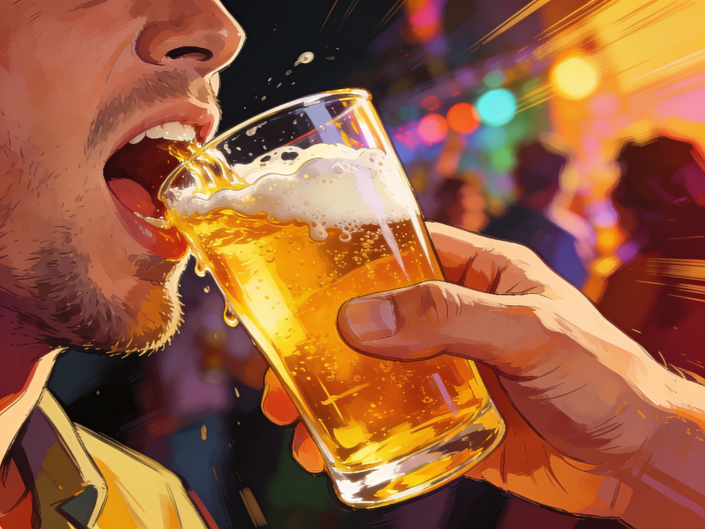 A close-up of a person finishing a glass of beer in one go, lively blurred party background.