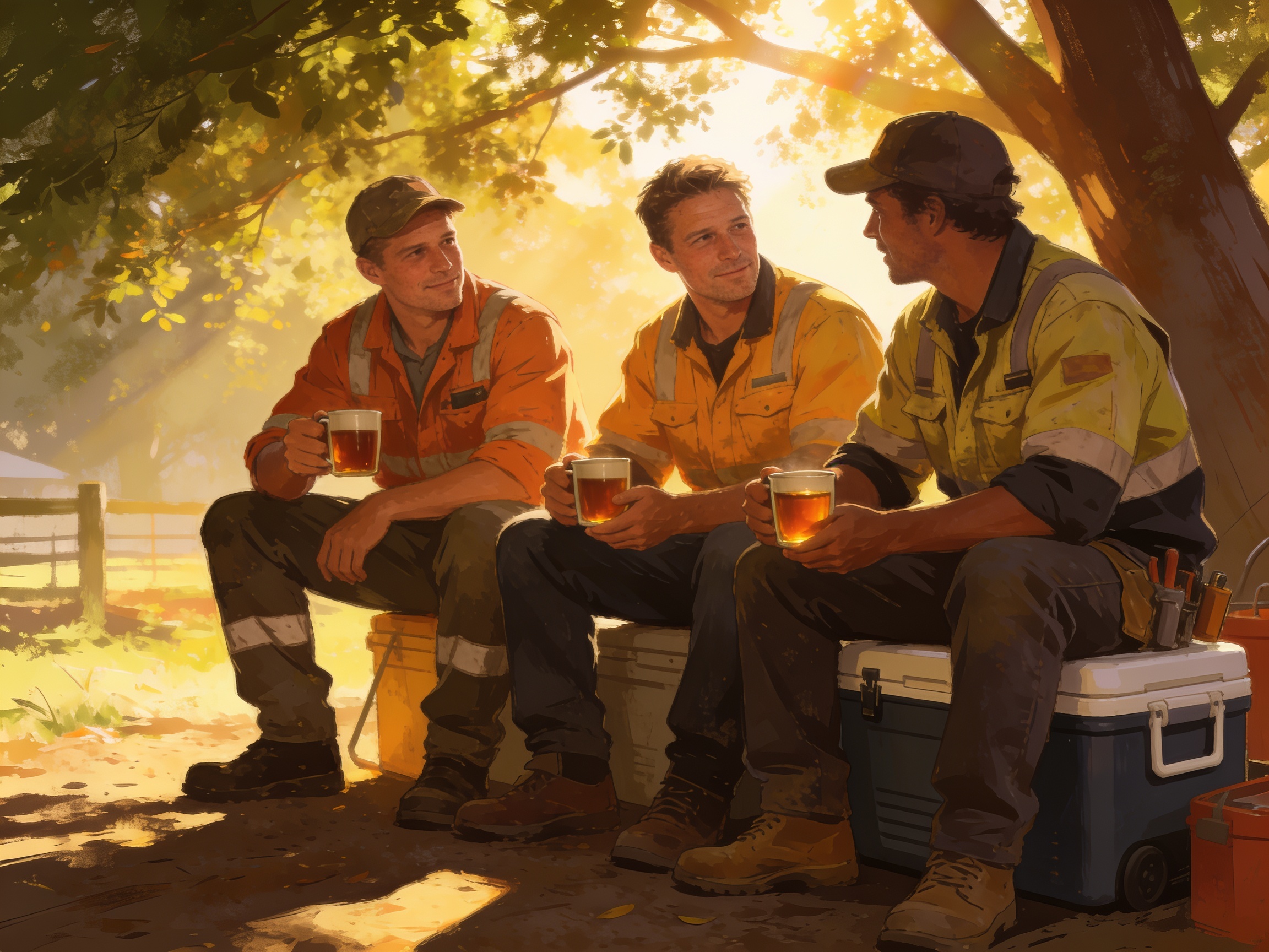 cinematic editorial illustration of tradespeople sitting on an esky in the shade drinking tea mid-morning, no text