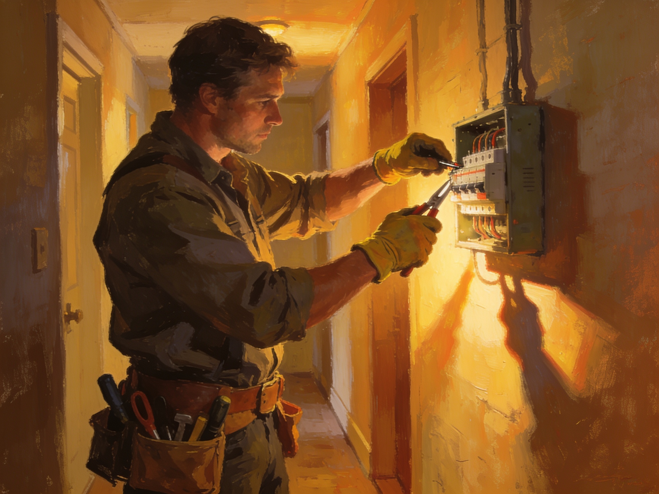 cinematic editorial illustration of a tradesperson working on a fuse box in a hallway, warm work-light glow, no text
