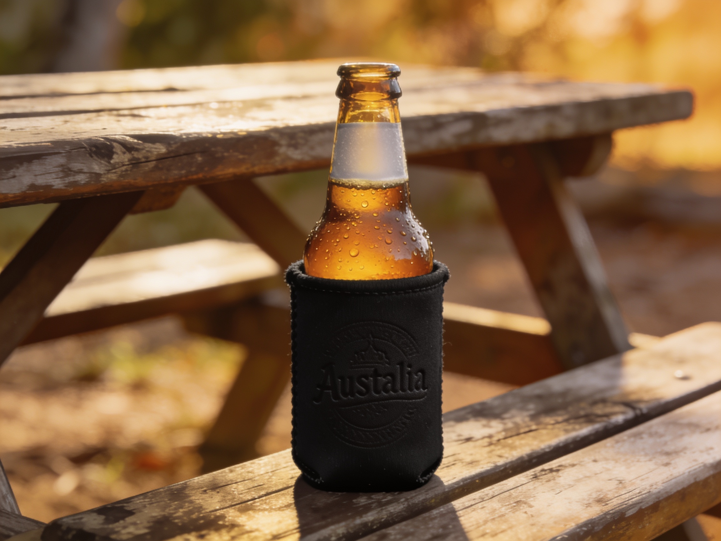 A cold stubby of Aussie beer in a neoprene stubby holder on a picnic table