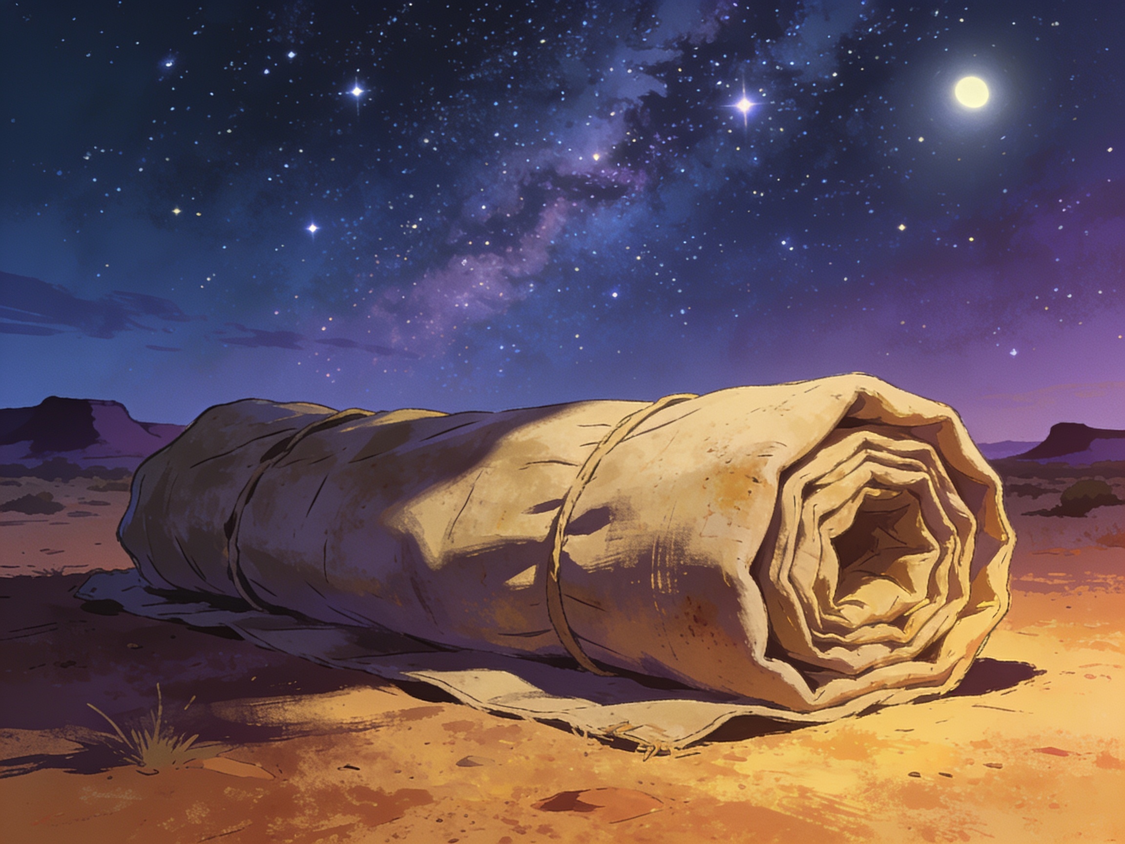 cinematic editorial illustration of a rolled canvas bedroll laid out under a starry outback sky, no text