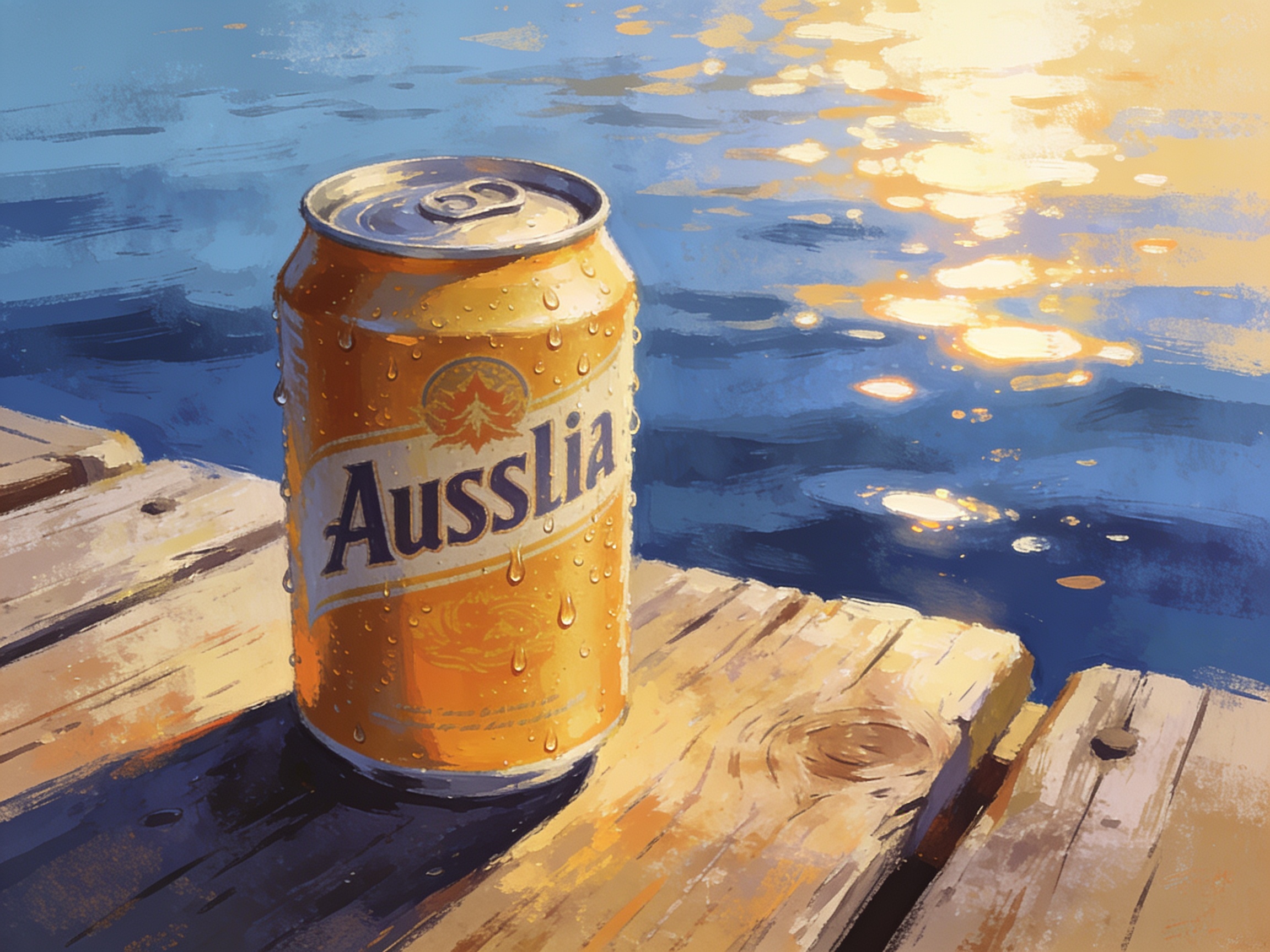 A cold can of Aussie beer dripping with condensation on a wooden dock