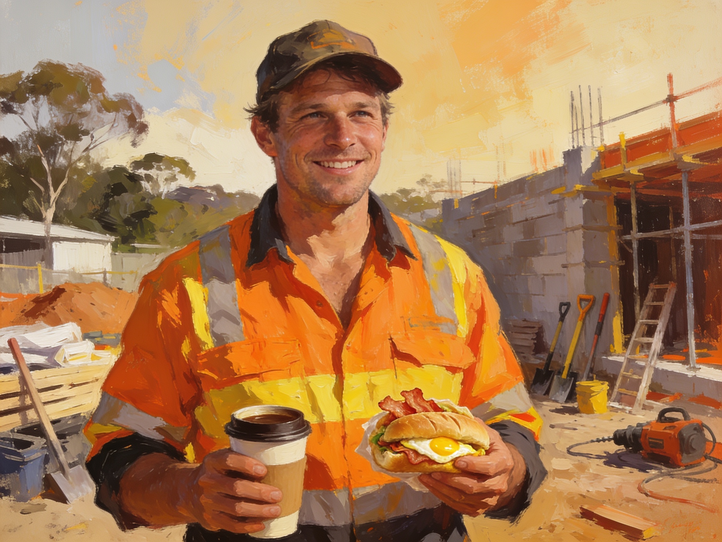 An Aussie tradie in hi-vis holding a coffee and a bacon-and-egg roll on a building site