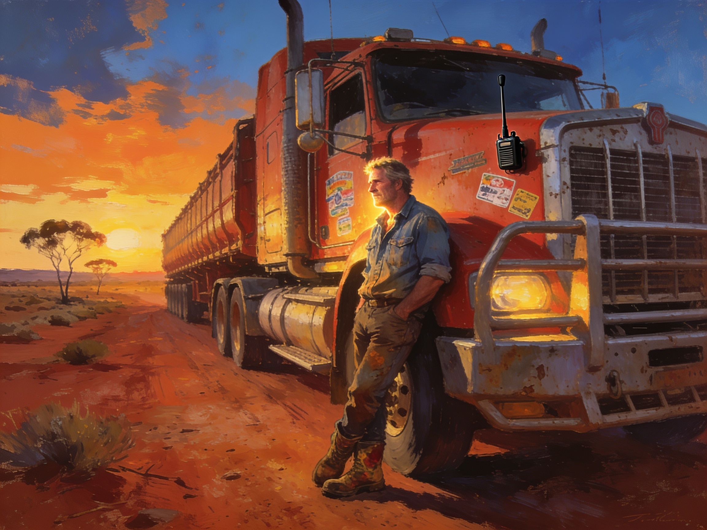 An Aussie truck driver leaning on a road train in the outback