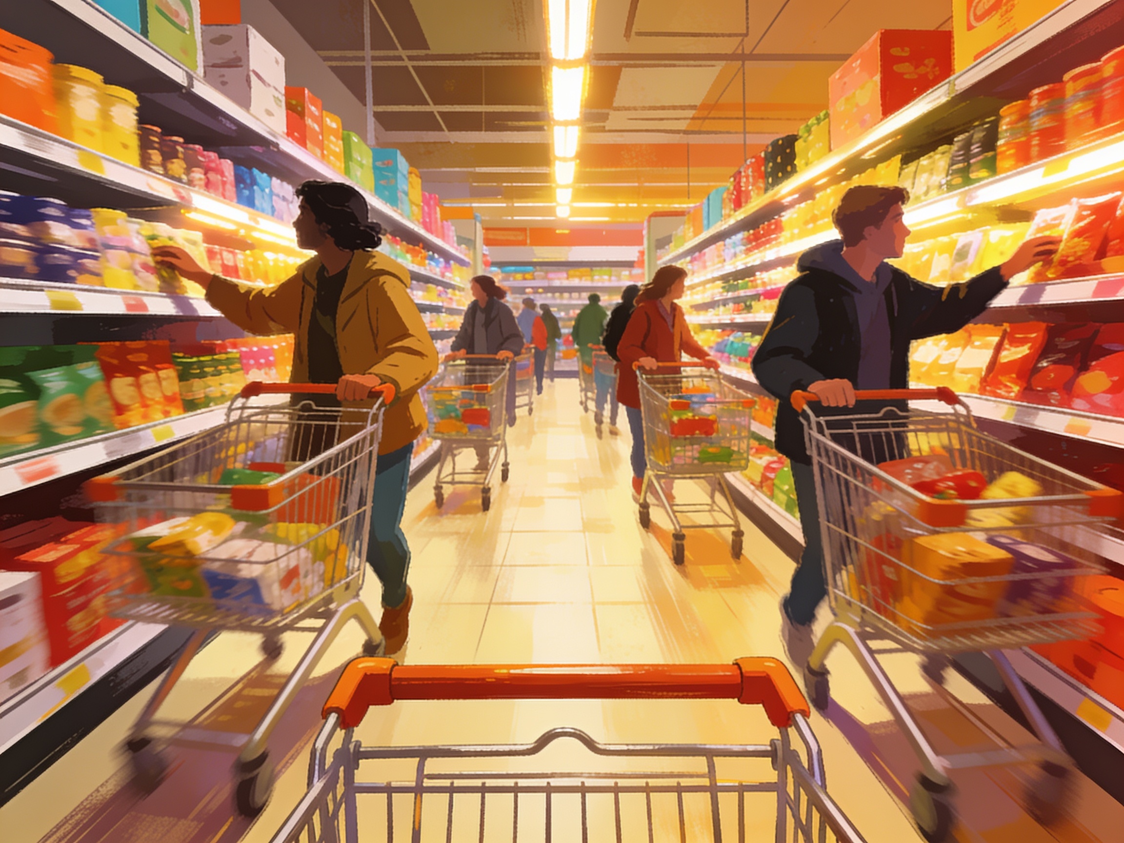 cinematic editorial illustration of a busy supermarket aisle with trolleys and bright shelf lighting, no text