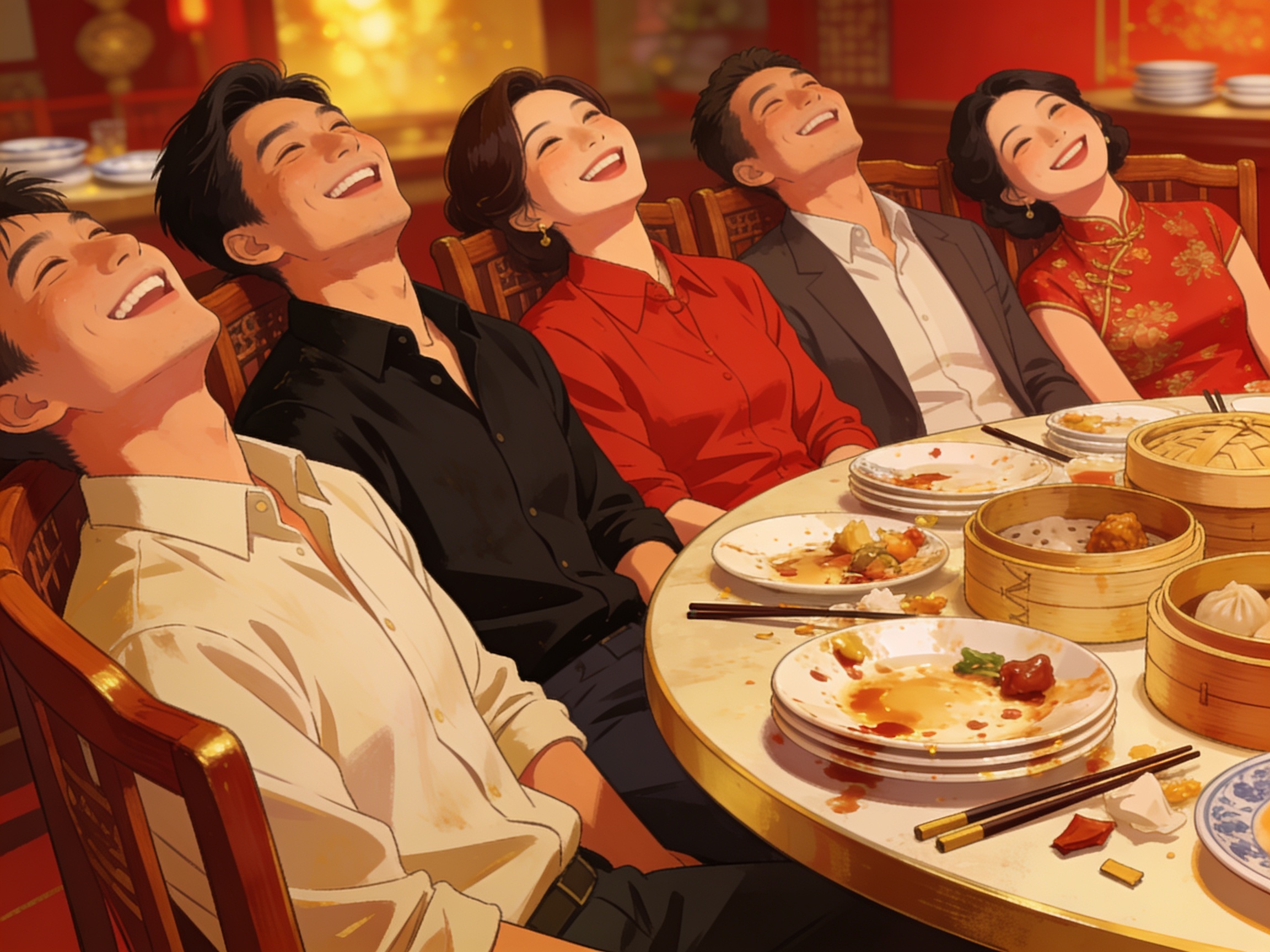 A group leaning back in chairs after a big Chinese restaurant meal, empty plates